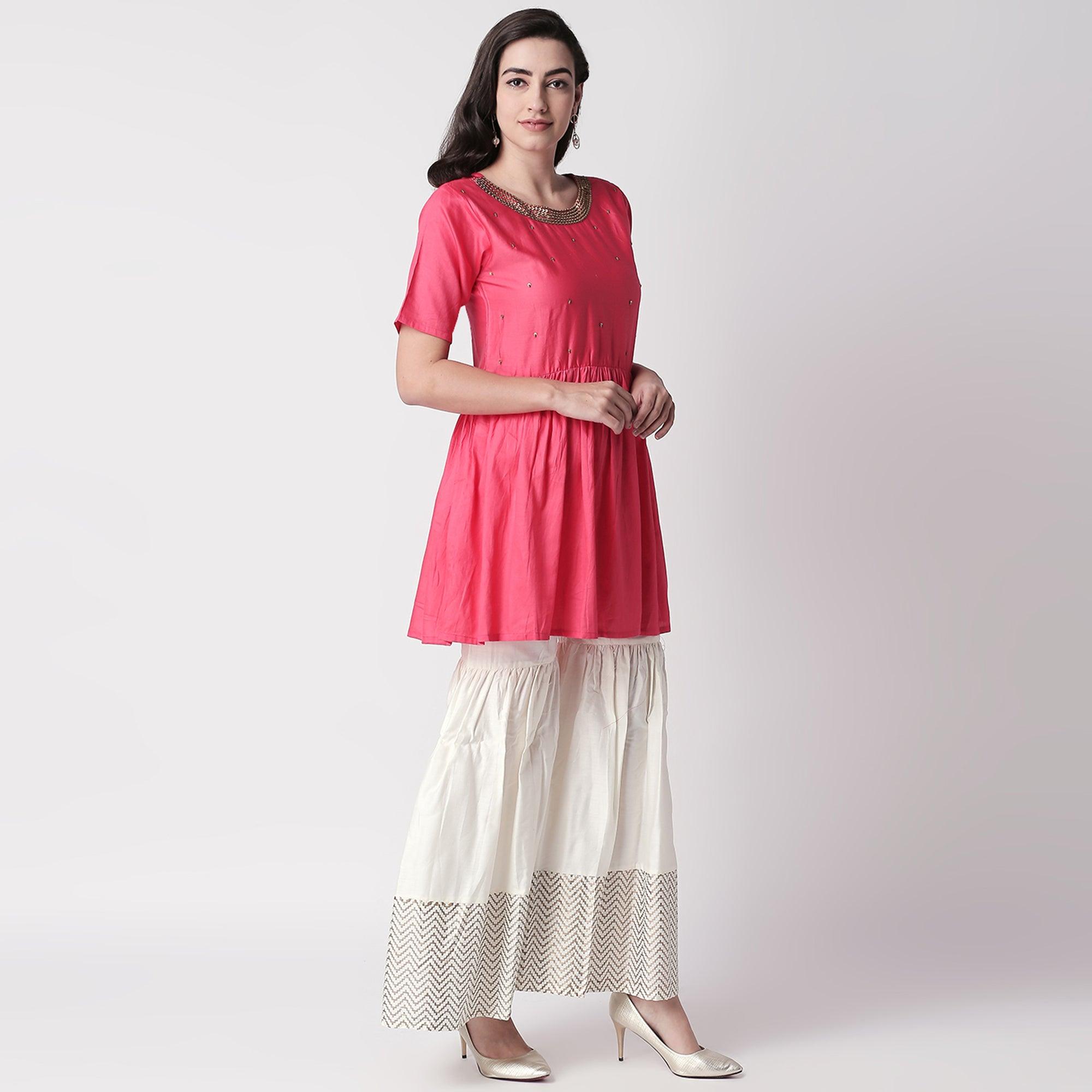 Delightful Red Colored Casual Embroidered Silk Kurti-Sharara Set - Peachmode