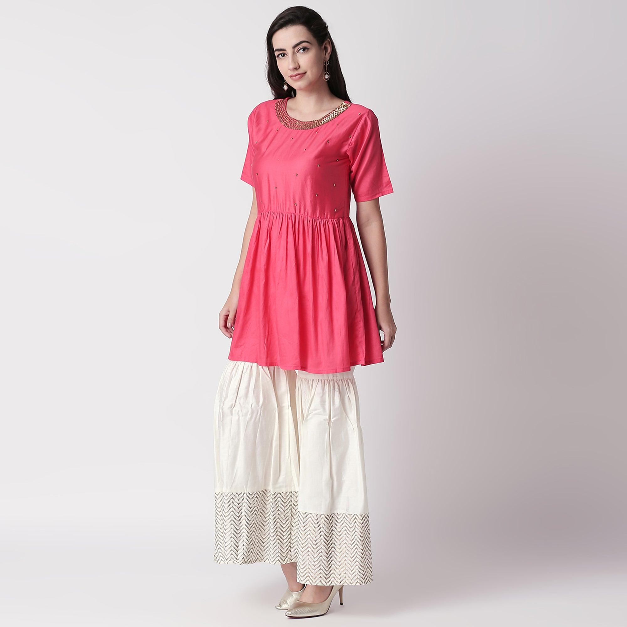 Delightful Red Colored Casual Embroidered Silk Kurti-Sharara Set - Peachmode