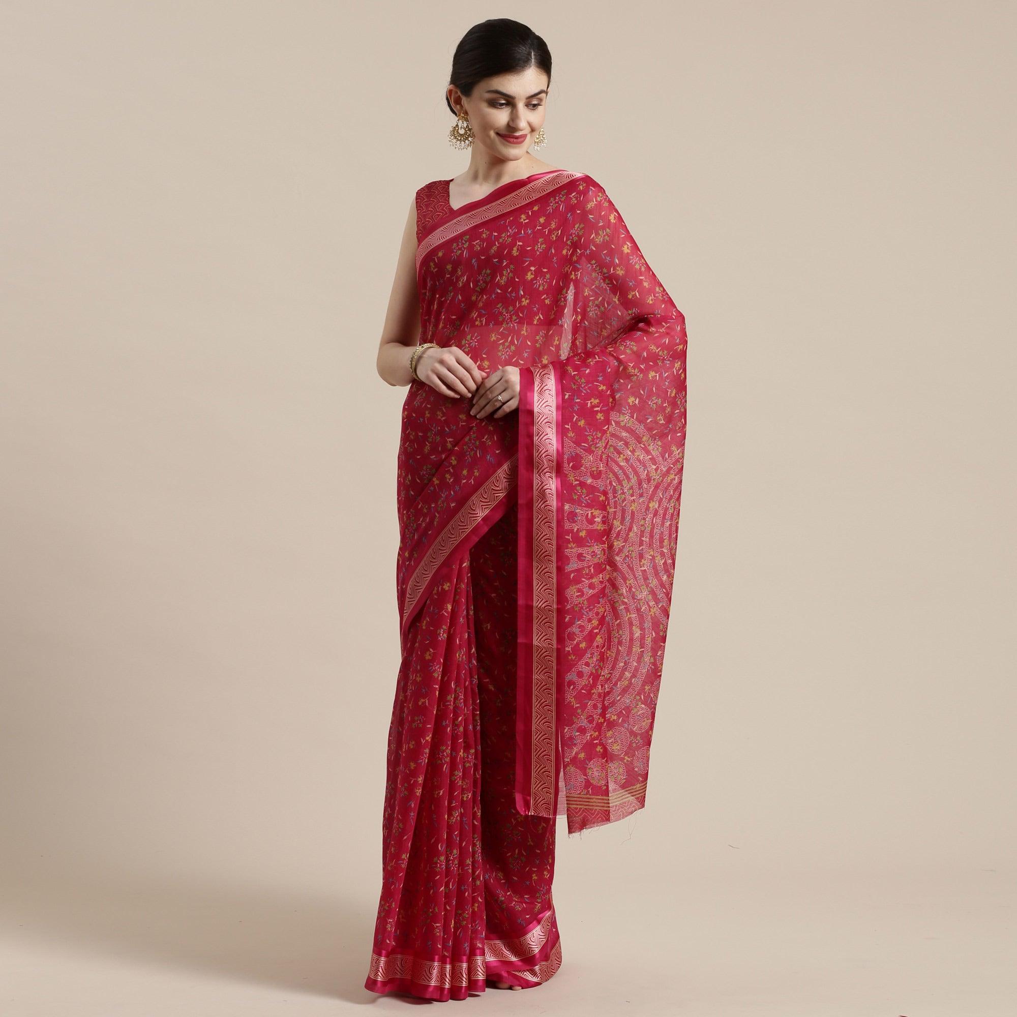 Delightful Red Colored Casual Wear Floral Printed Cotton Silk Saree - Peachmode