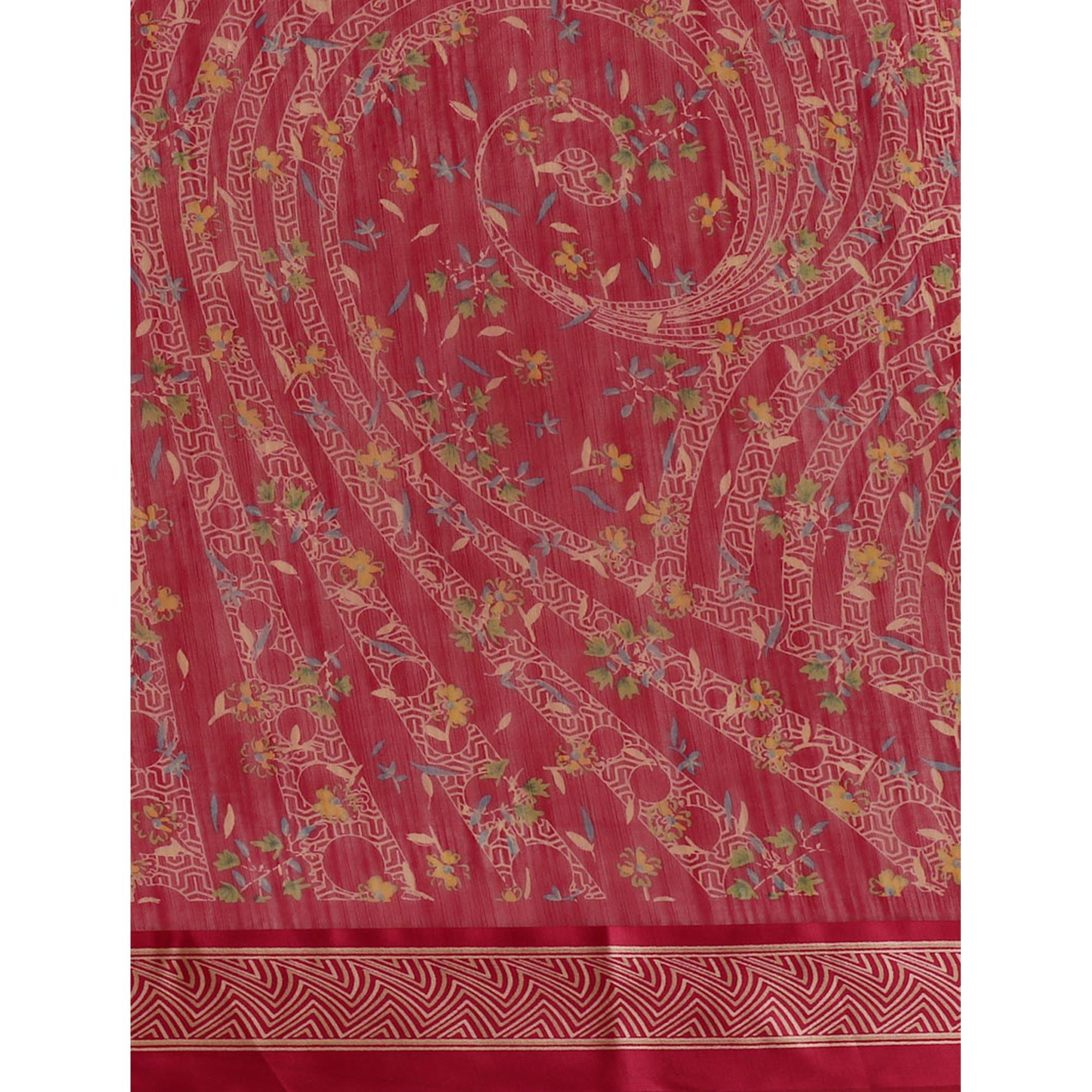 Delightful Red Colored Casual Wear Floral Printed Cotton Silk Saree - Peachmode
