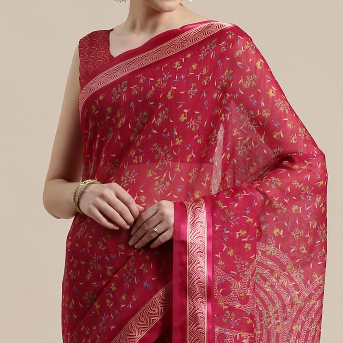 Delightful Red Colored Casual Wear Floral Printed Cotton Silk Saree - Peachmode