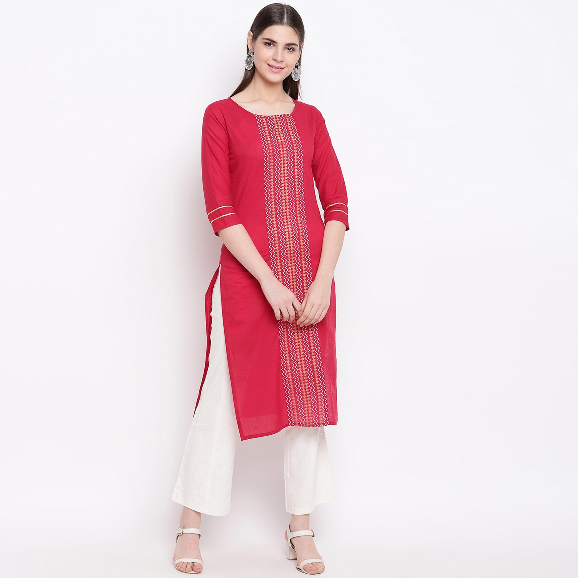 Delightful Red Colored Casual Wear Printed Cotton Kurti - Peachmode