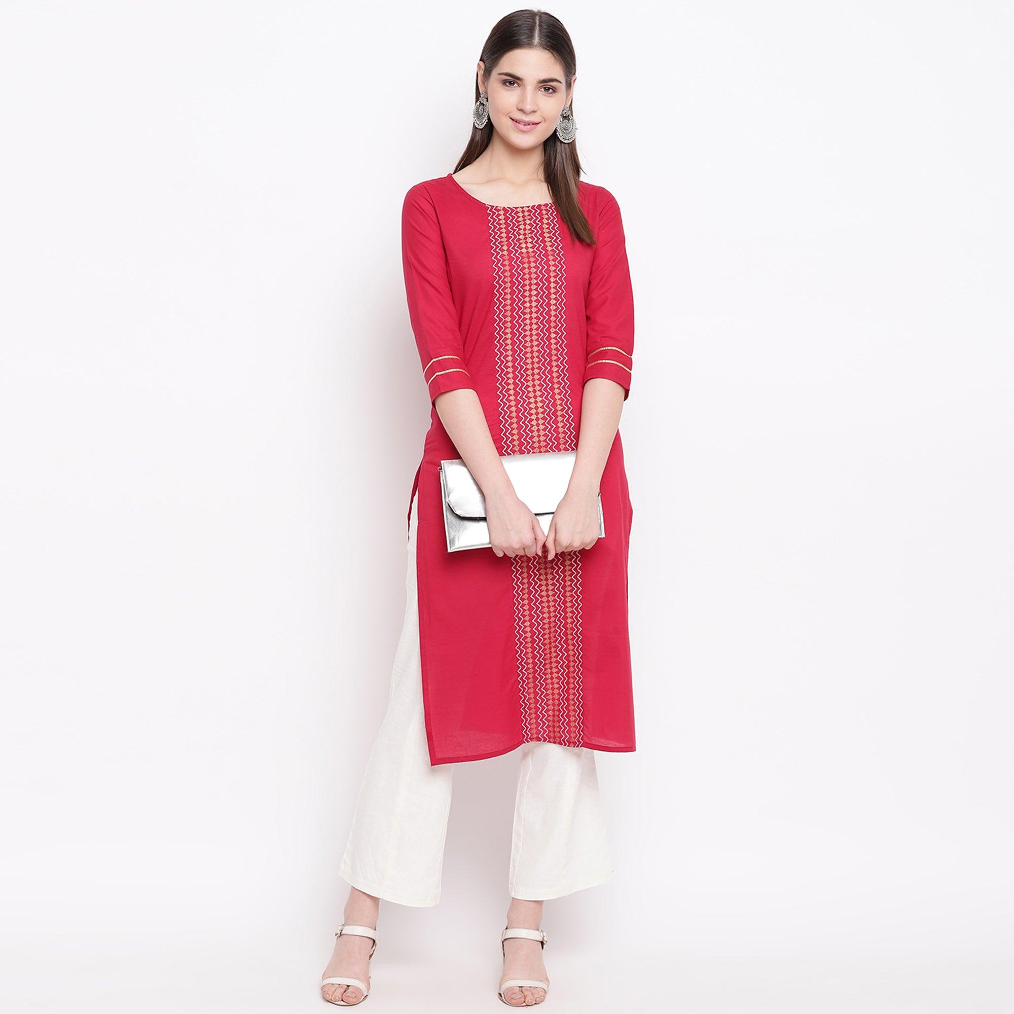 Delightful Red Colored Casual Wear Printed Cotton Kurti - Peachmode