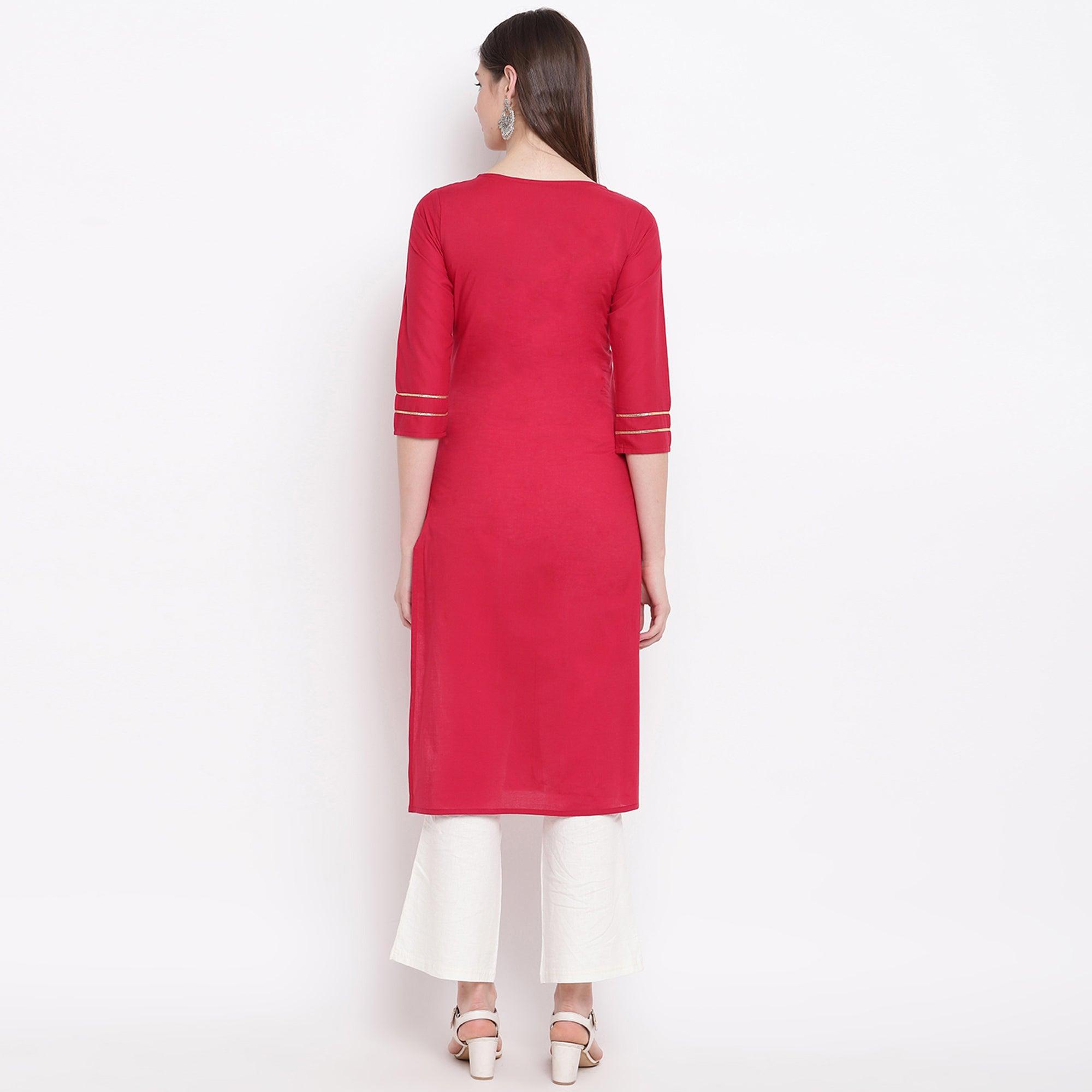 Delightful Red Colored Casual Wear Printed Cotton Kurti - Peachmode