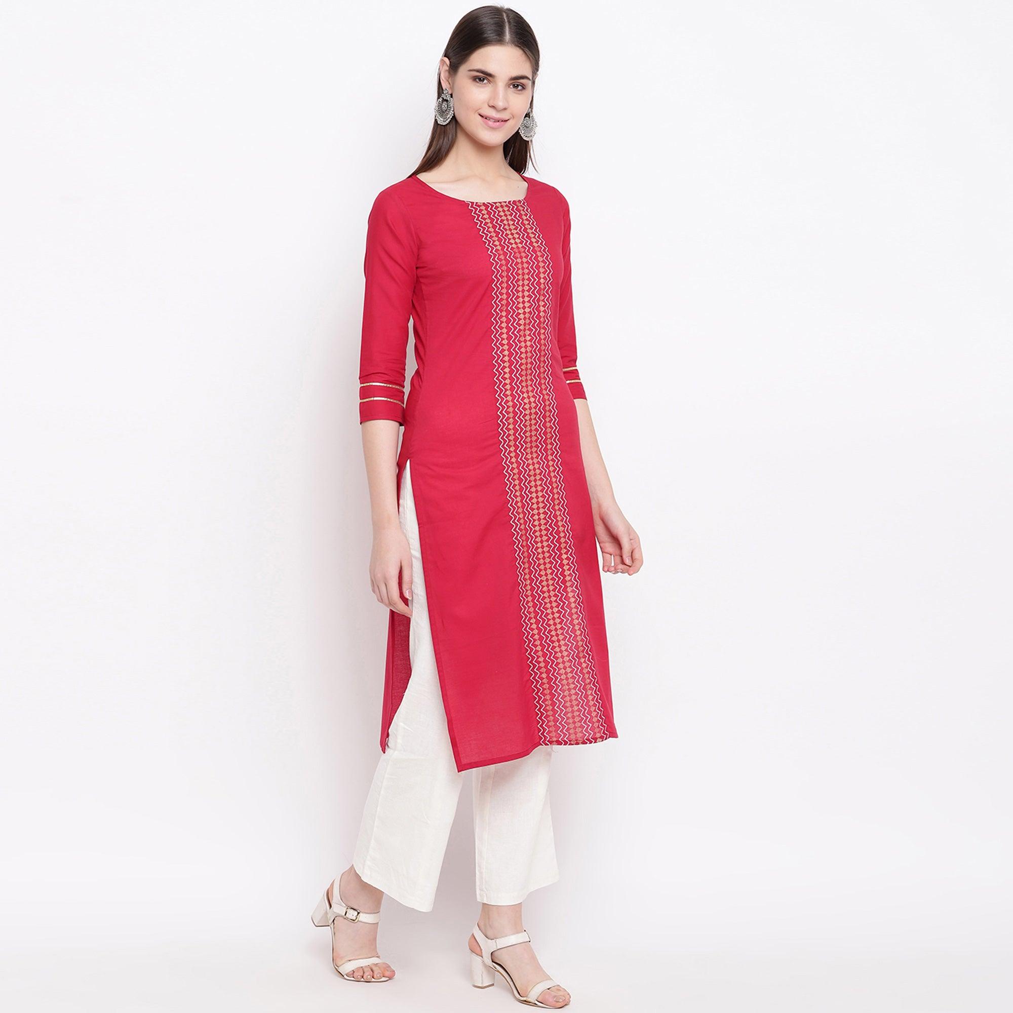 Delightful Red Colored Casual Wear Printed Cotton Kurti - Peachmode
