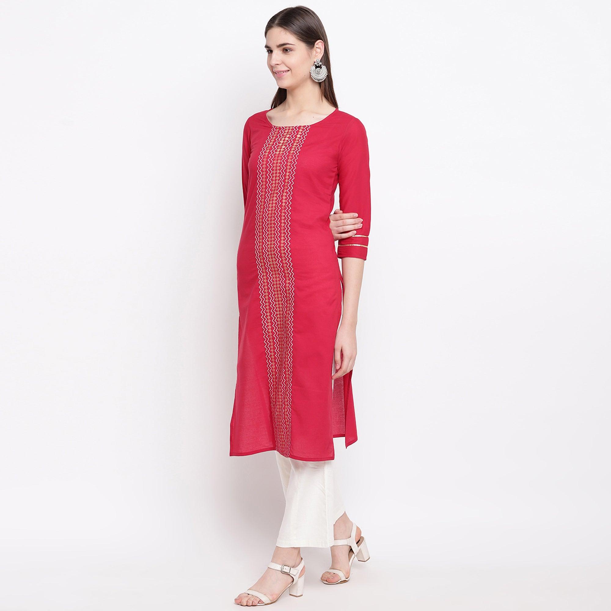 Delightful Red Colored Casual Wear Printed Cotton Kurti - Peachmode