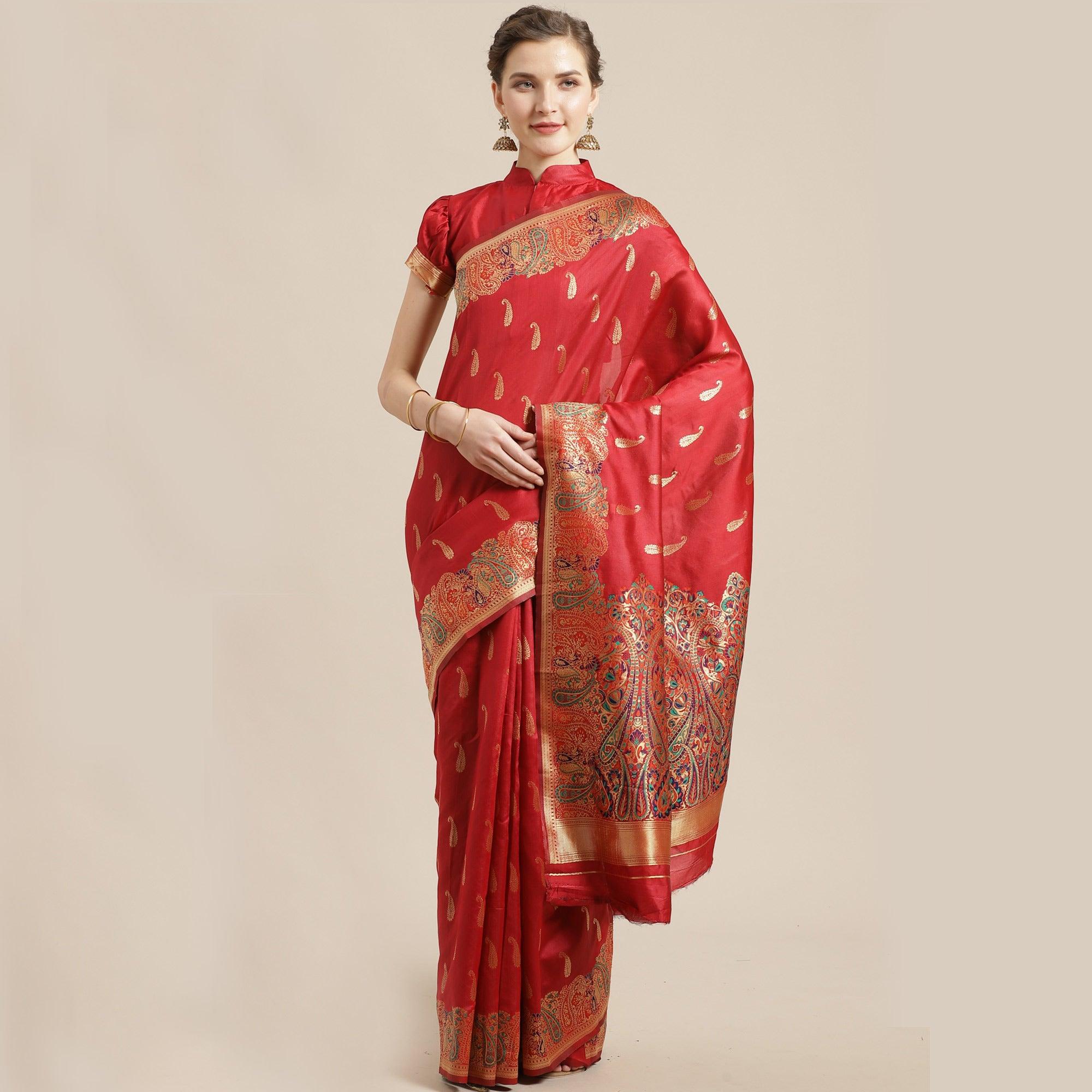 Delightful Red Colored Festive Wear Woven Silk Blend Saree - Peachmode