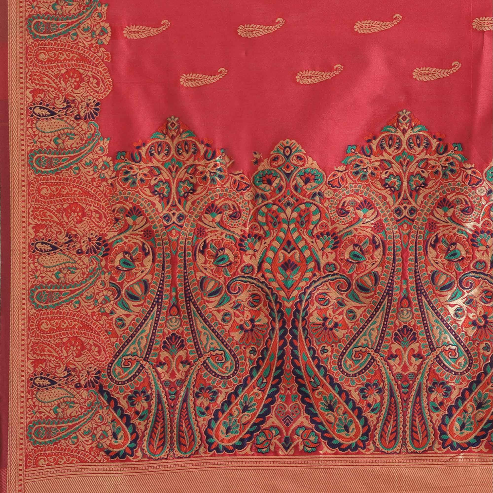 Delightful Red Colored Festive Wear Woven Silk Blend Saree - Peachmode