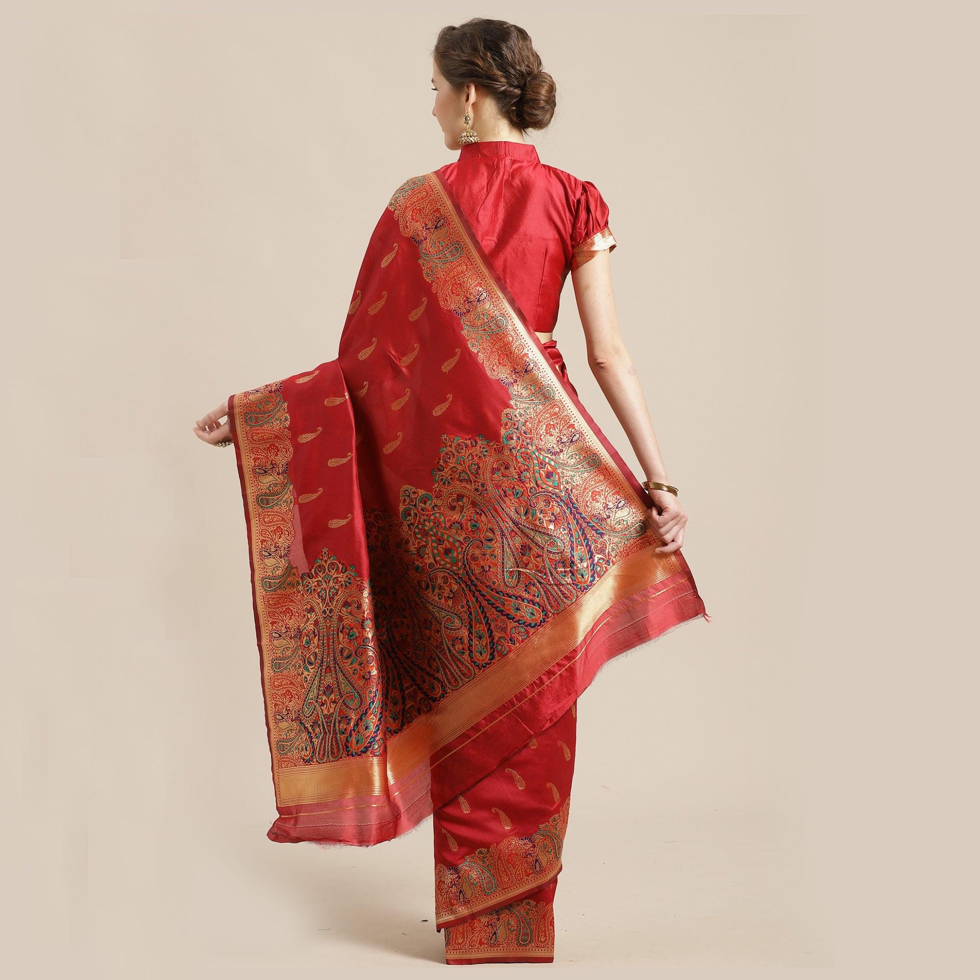 Delightful Red Colored Festive Wear Woven Silk Blend Saree - Peachmode