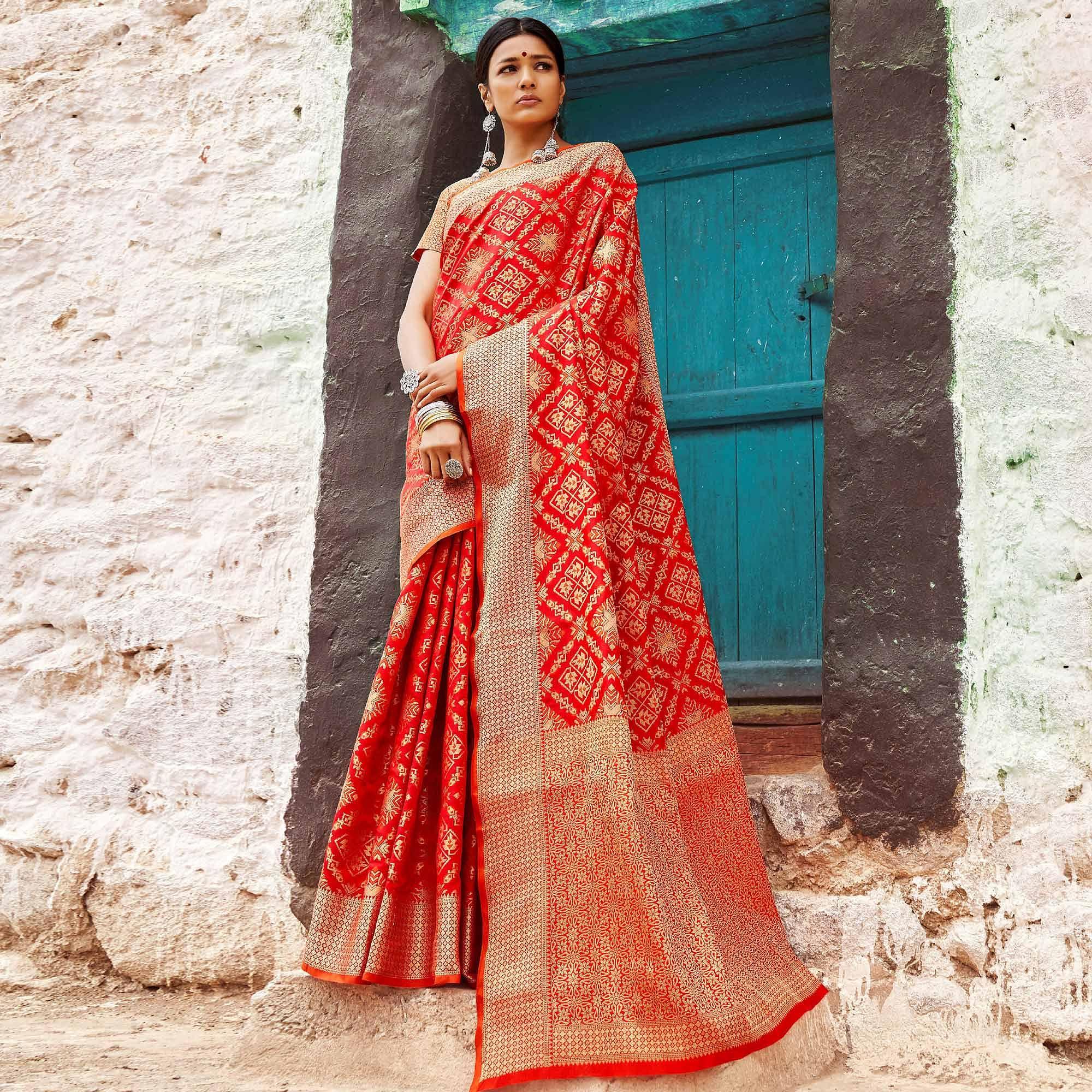 Delightful Red Colored Festive Wear Woven Silk Saree - Peachmode