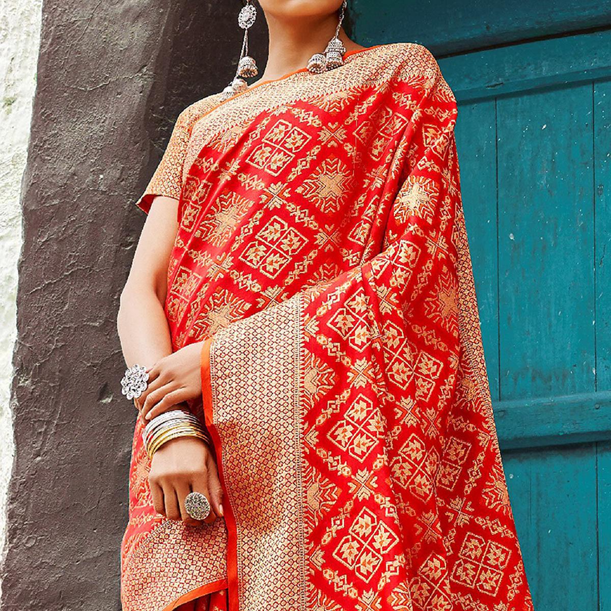 Delightful Red Colored Festive Wear Woven Silk Saree - Peachmode