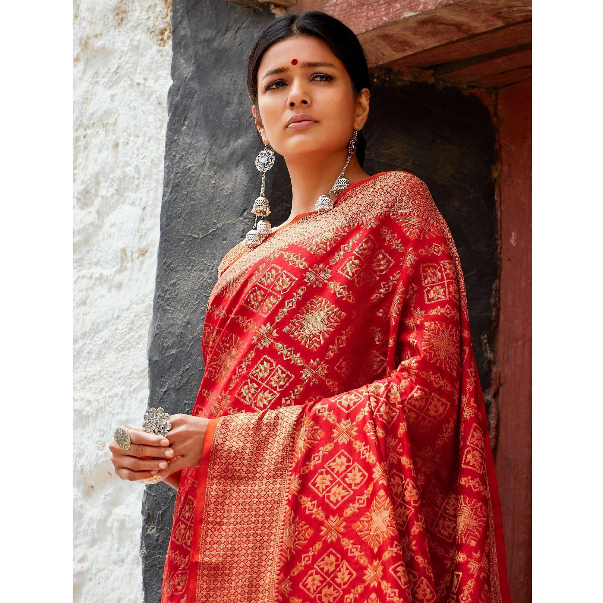 Delightful Red Colored Festive Wear Woven Silk Saree - Peachmode