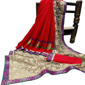 Delightful Red-Offwhite Colored Festive Wear Woven Silk-Jacquard Half-Half Saree - Peachmode