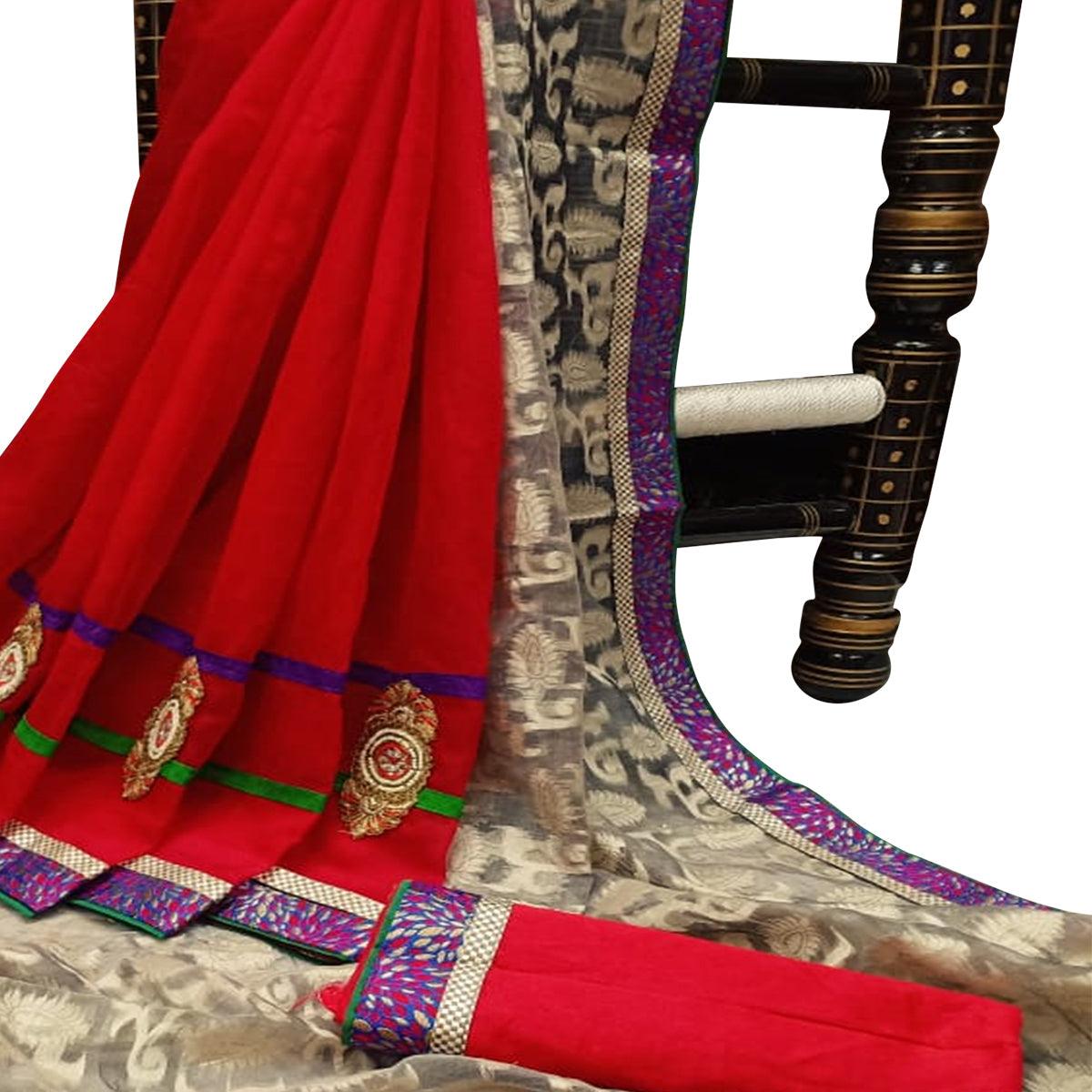 Delightful Red-Offwhite Colored Festive Wear Woven Silk-Jacquard Half-Half Saree - Peachmode
