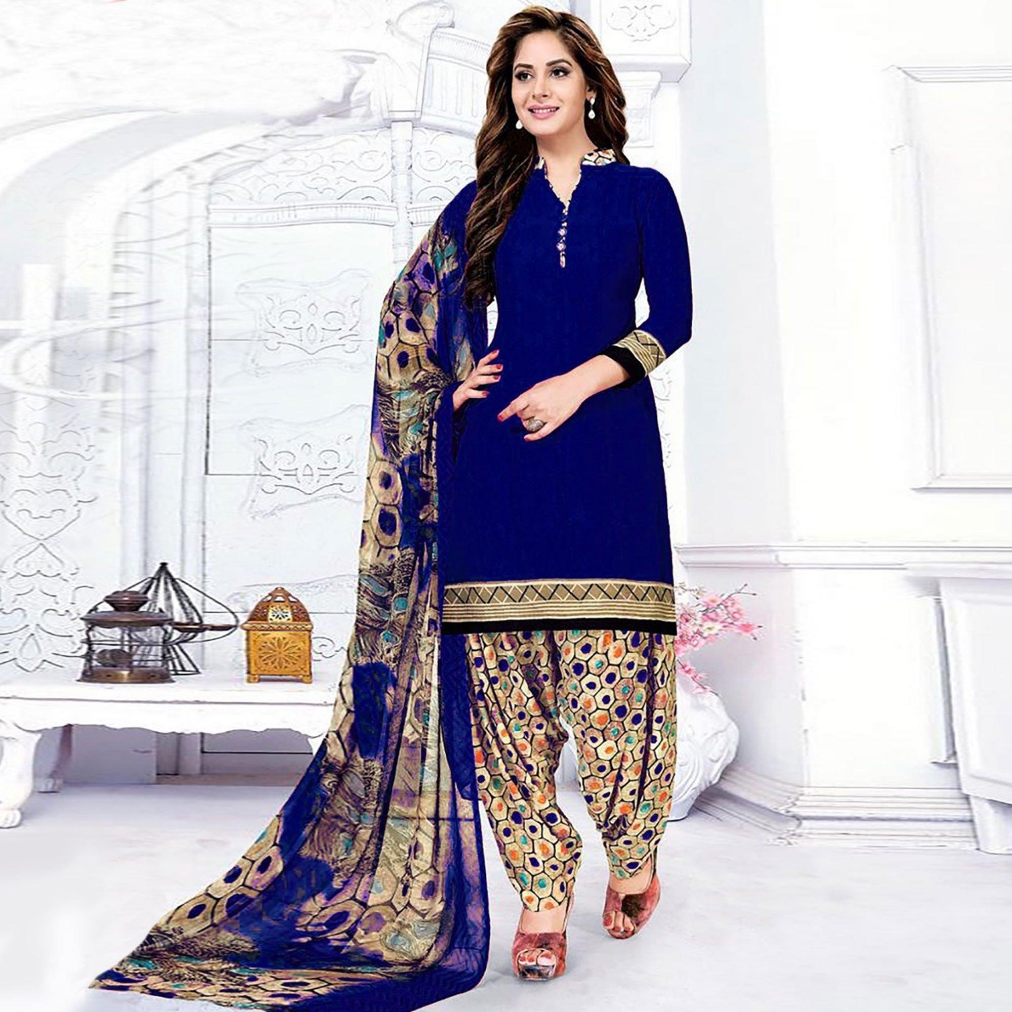 Delightful Royal Blue Colored Casual Wear Printed Crepe Salwar Suit - Peachmode