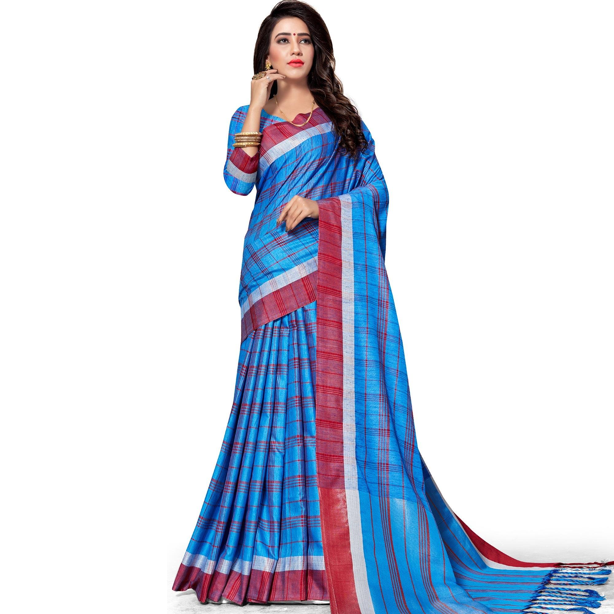 Delightful Royal Blue Colored Fesive Wear Stripe Print Cotton Silk Saree With Tassels - Peachmode