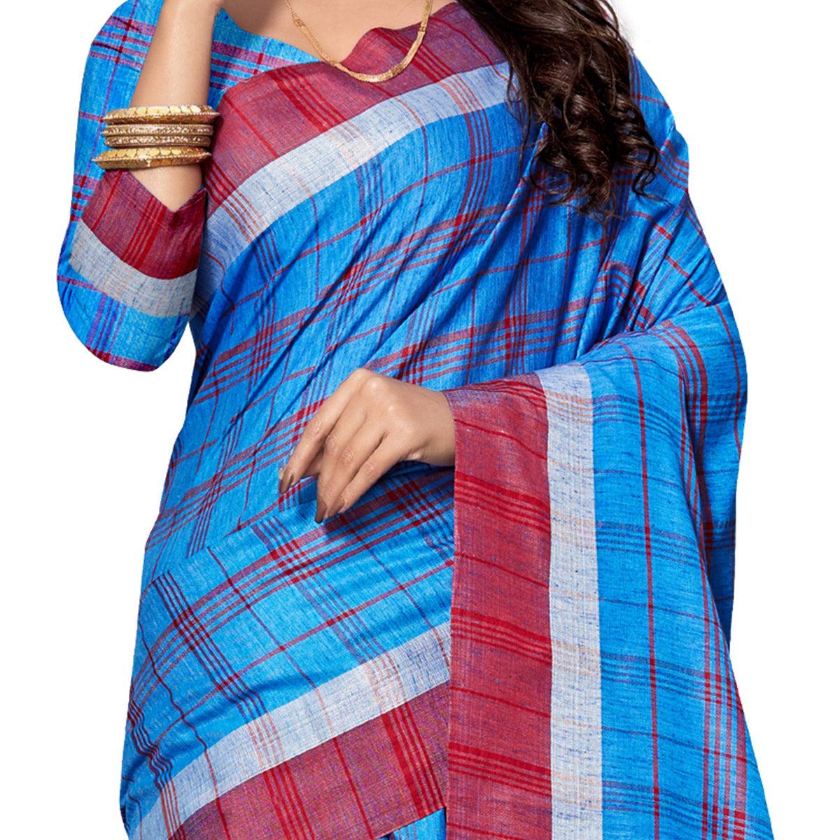 Delightful Royal Blue Colored Fesive Wear Stripe Print Cotton Silk Saree With Tassels - Peachmode