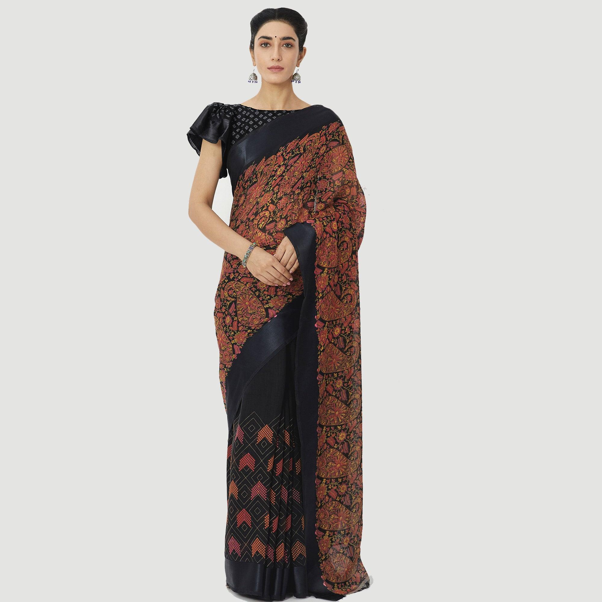 Delightful Teal Blue Colored Casual Wear Floral Printed Linen Cotton Half & Half Saree - Peachmode