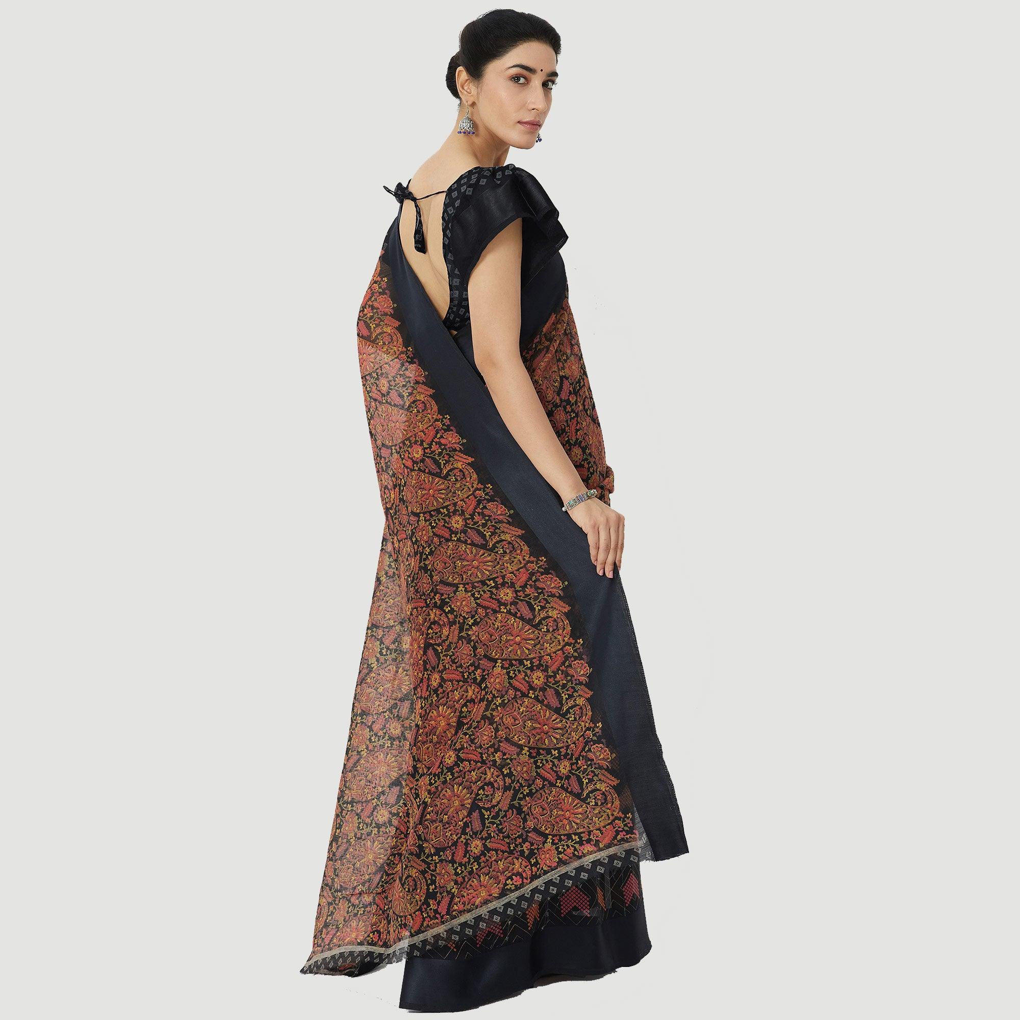 Delightful Teal Blue Colored Casual Wear Floral Printed Linen Cotton Half & Half Saree - Peachmode