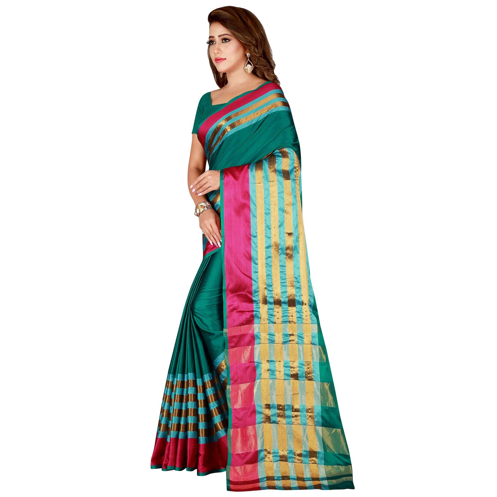 Delightful Turquoise Green Colored Casual Wear Cotton Saree - Peachmode