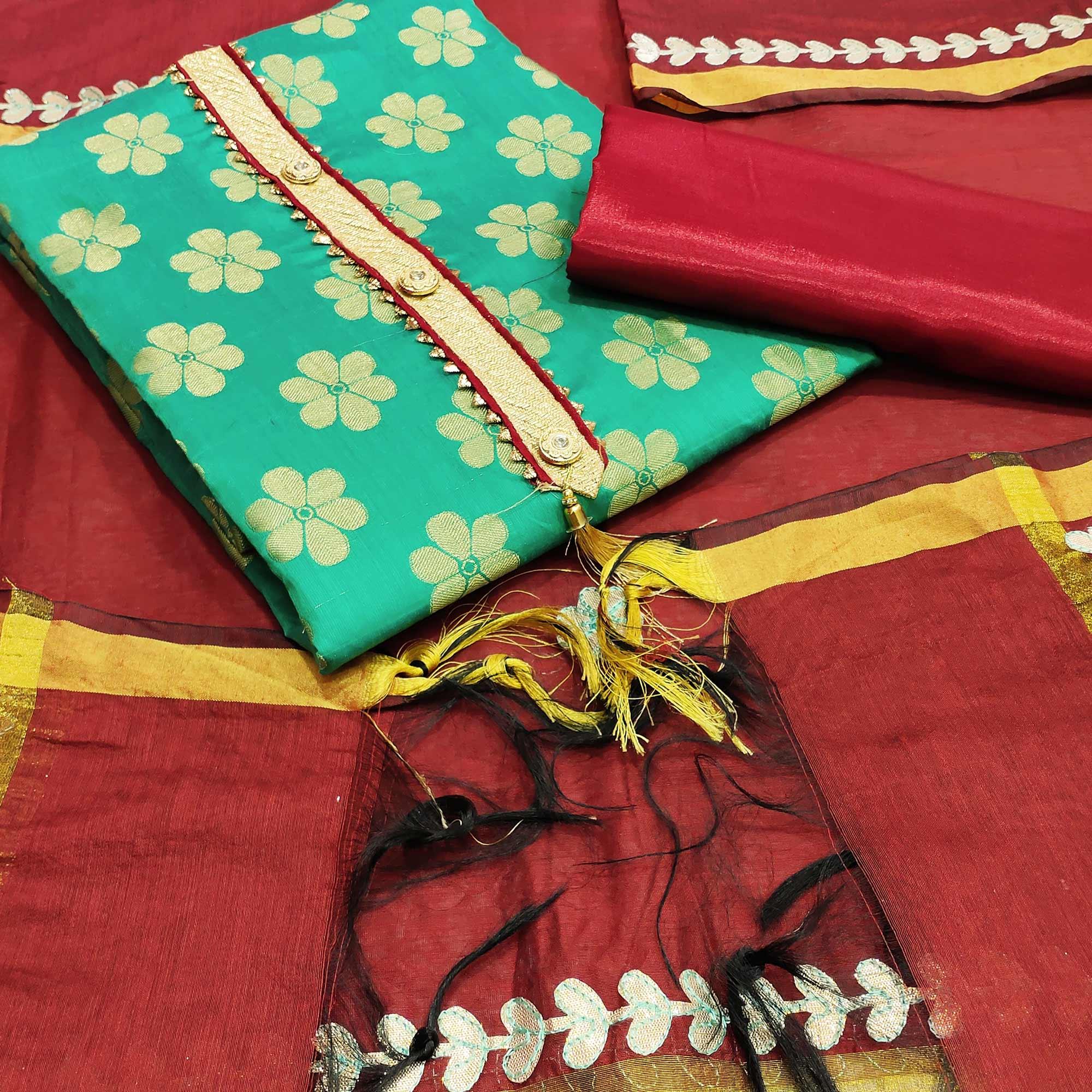 Delightful Turquoise Green Colored Festive Wear Woven Banarasi Silk Dress Material - Peachmode