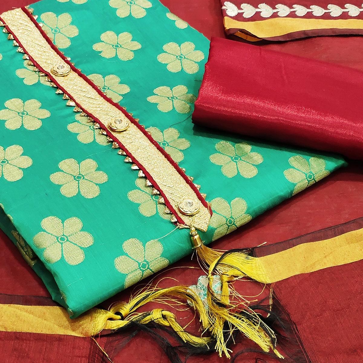 Delightful Turquoise Green Colored Festive Wear Woven Banarasi Silk Dress Material - Peachmode