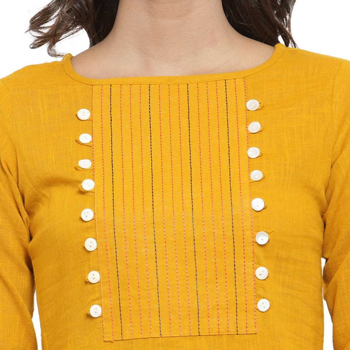 Delightful Yellow Colored Casual Wear Embroidered Cotton Kurti - Peachmode