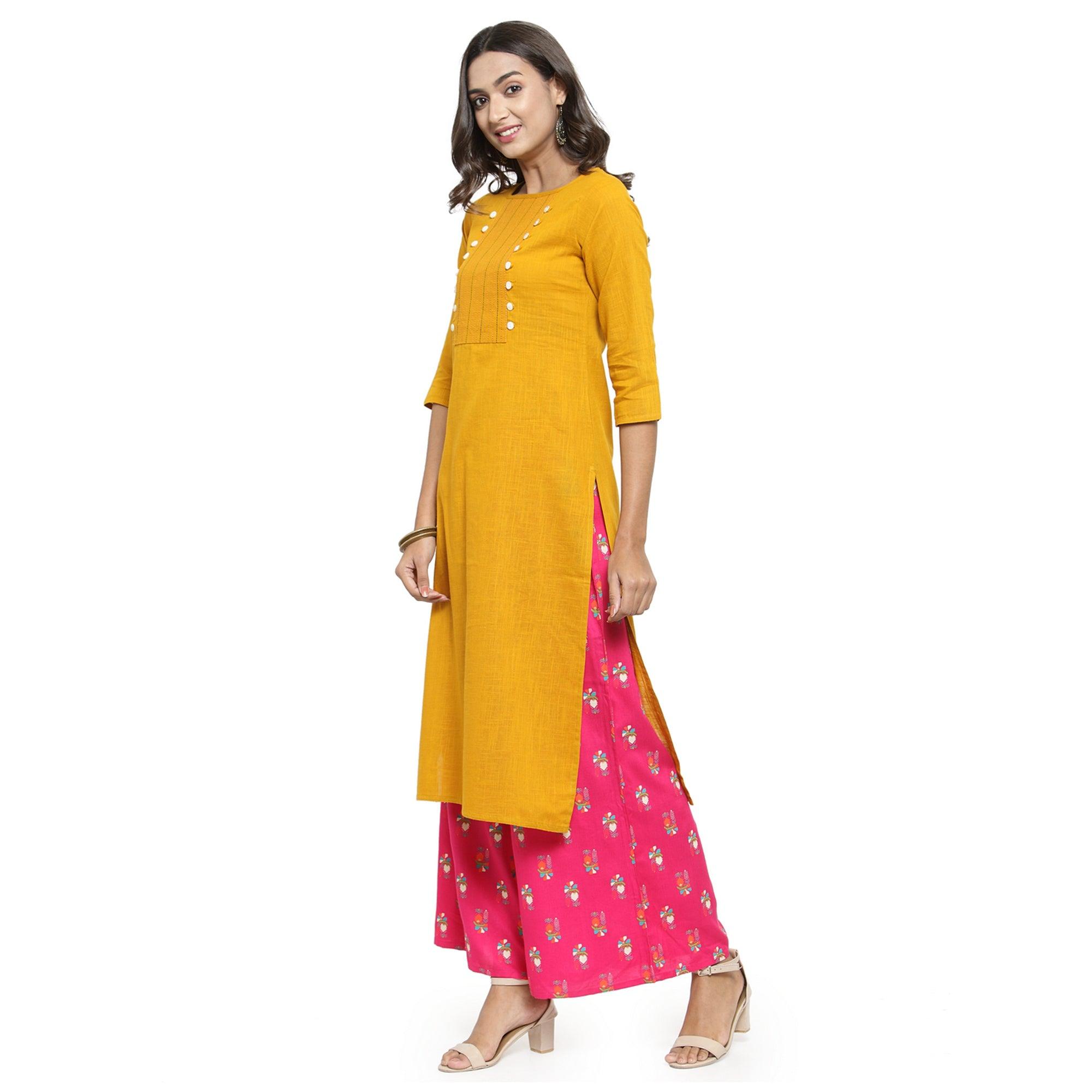 Delightful Yellow Colored Casual Wear Embroidered Cotton Kurti - Peachmode
