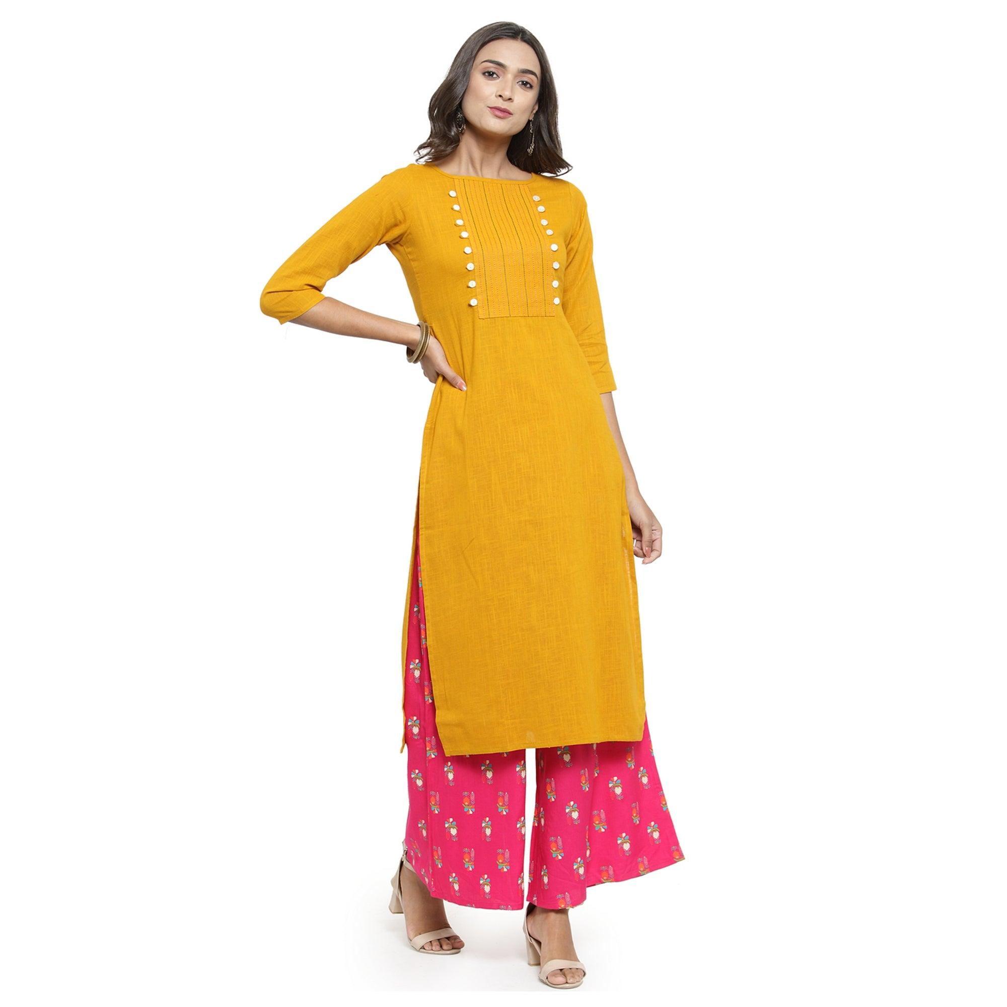 Delightful Yellow Colored Casual Wear Embroidered Cotton Kurti - Peachmode
