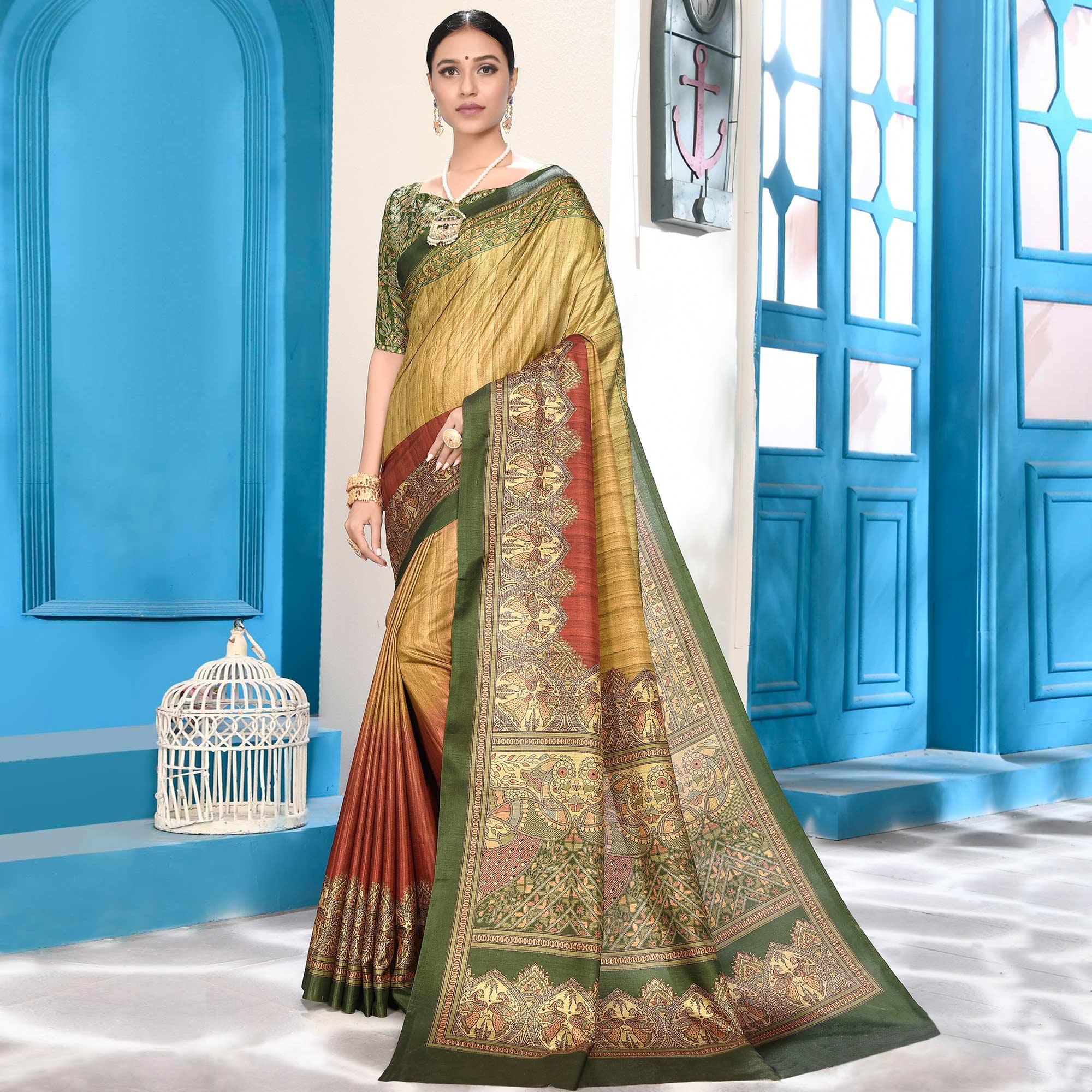 Delightful Yellow-Multi Colored Casual Wear Digital Printed Art Silk Saree - Peachmode