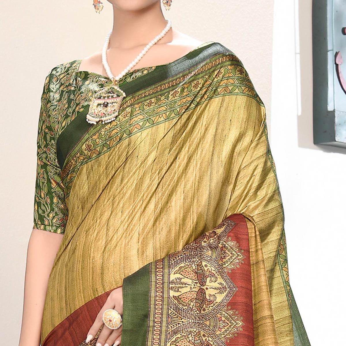 Delightful Yellow-Multi Colored Casual Wear Digital Printed Art Silk Saree - Peachmode