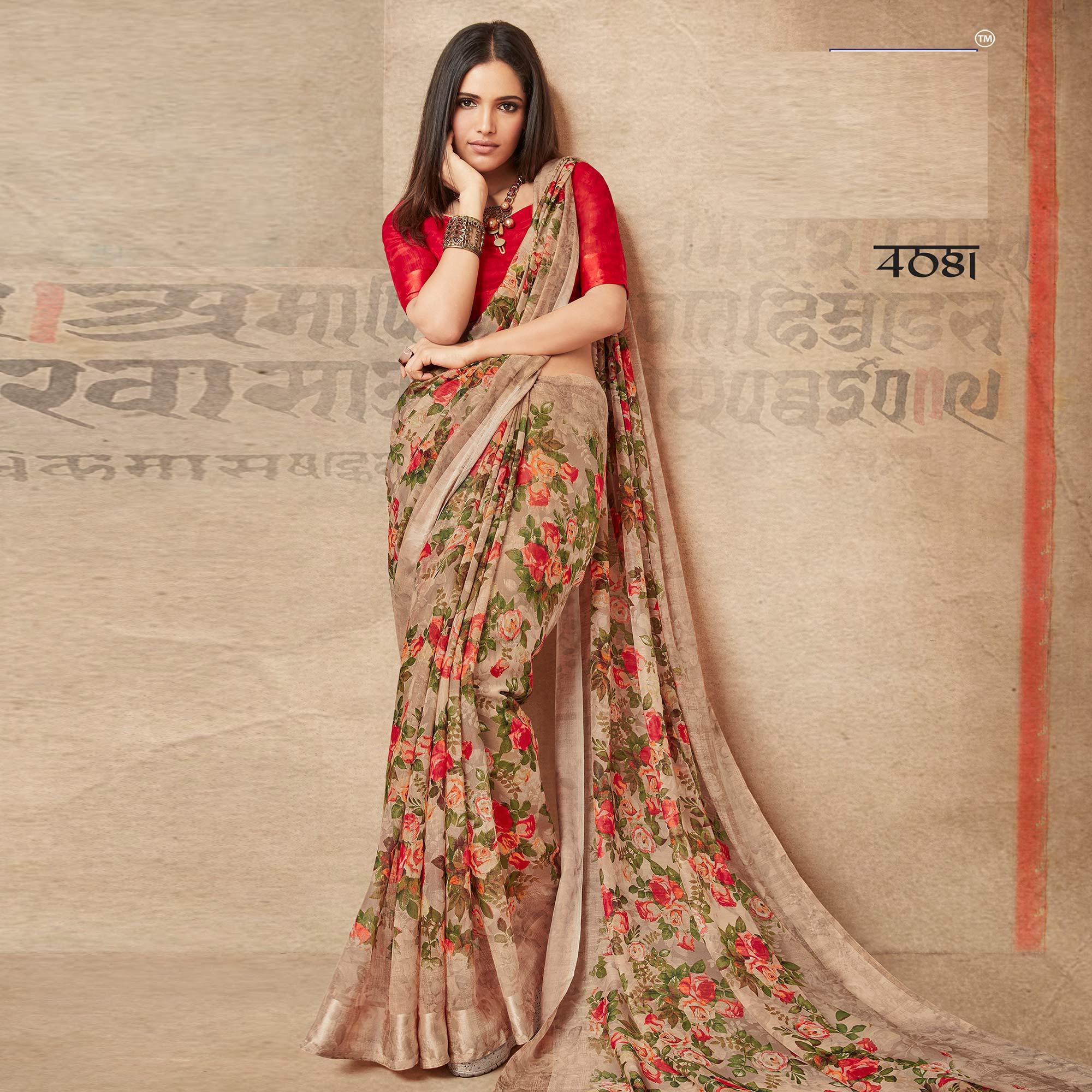 Demanding Beige Colored Partywear Digital Printed Linen Saree - Peachmode