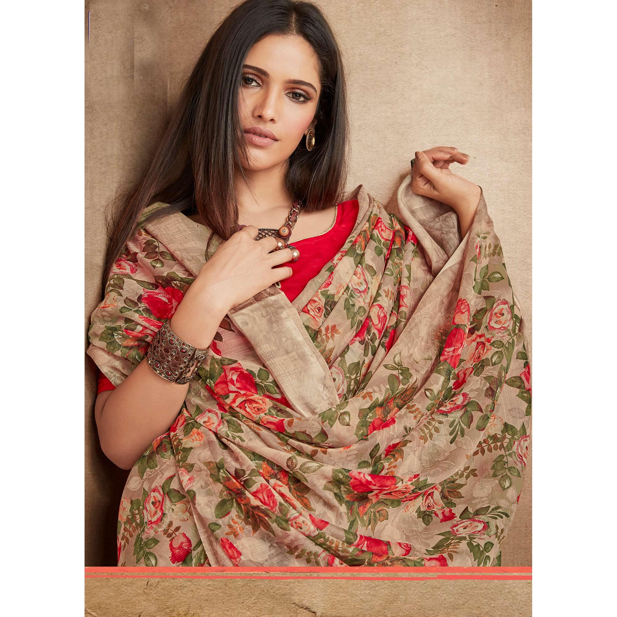 Demanding Beige Colored Partywear Digital Printed Linen Saree - Peachmode