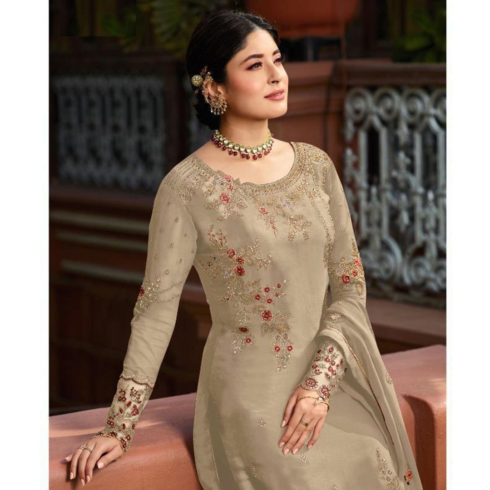 Demanding Beige Colored Partywear Embroidered Gerorgette Straight Suit - Peachmode