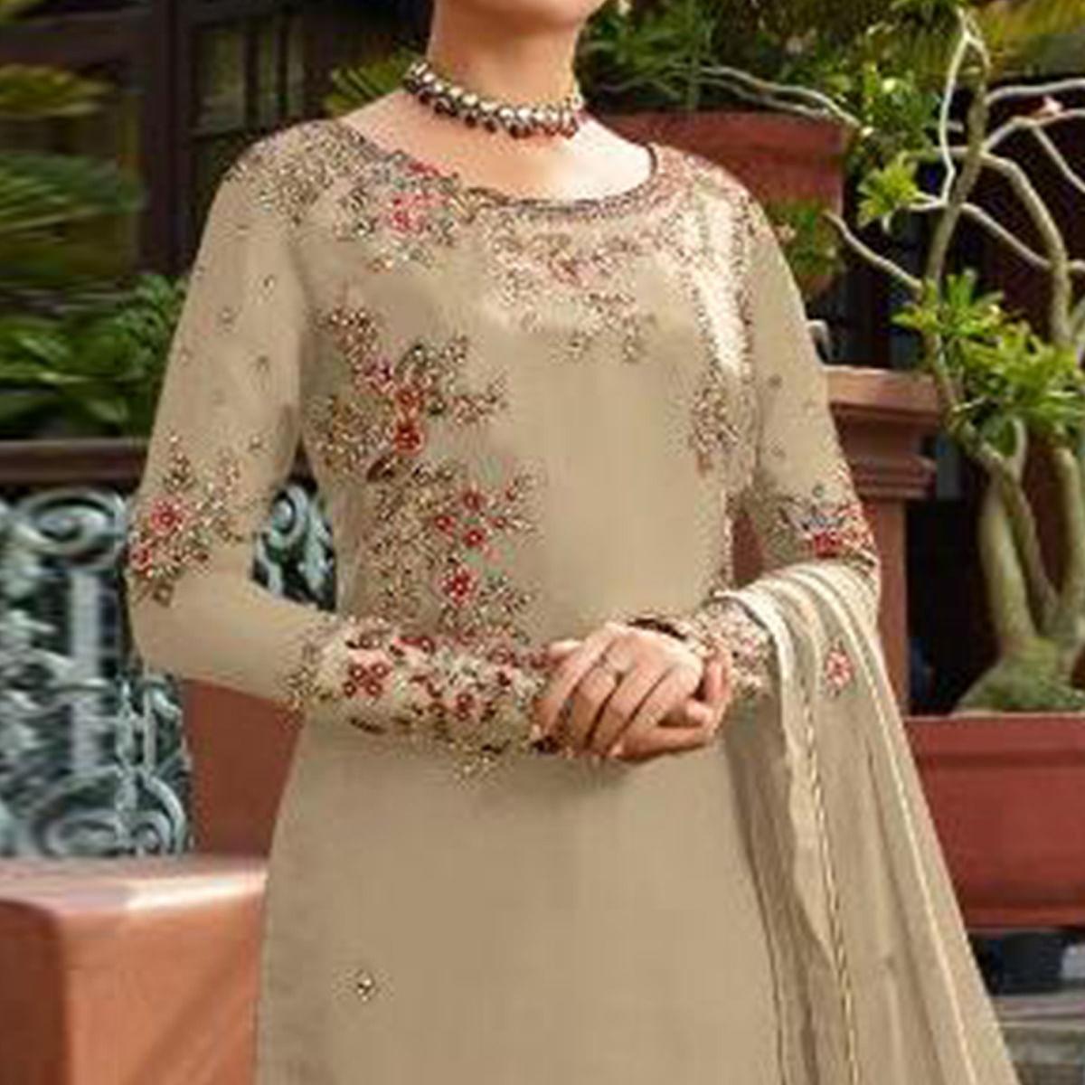 Demanding Beige Colored Partywear Embroidered Gerorgette Straight Suit - Peachmode