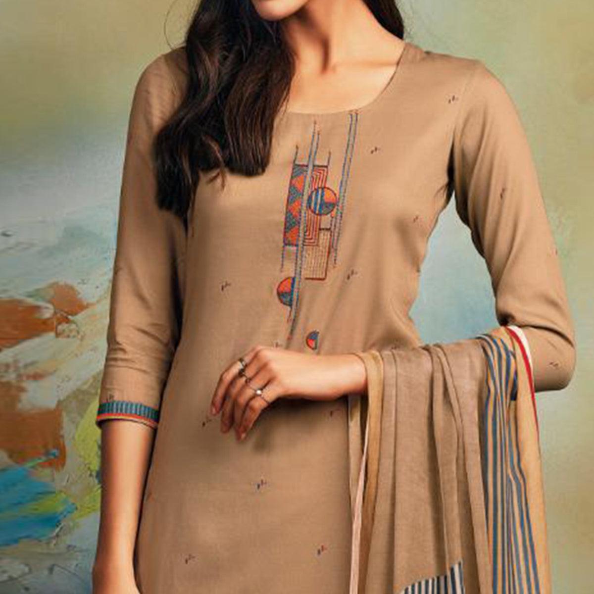 Demanding Beige Colored Partywear Printed and Embroidered Cotton Satin Palazzo Suit - Peachmode