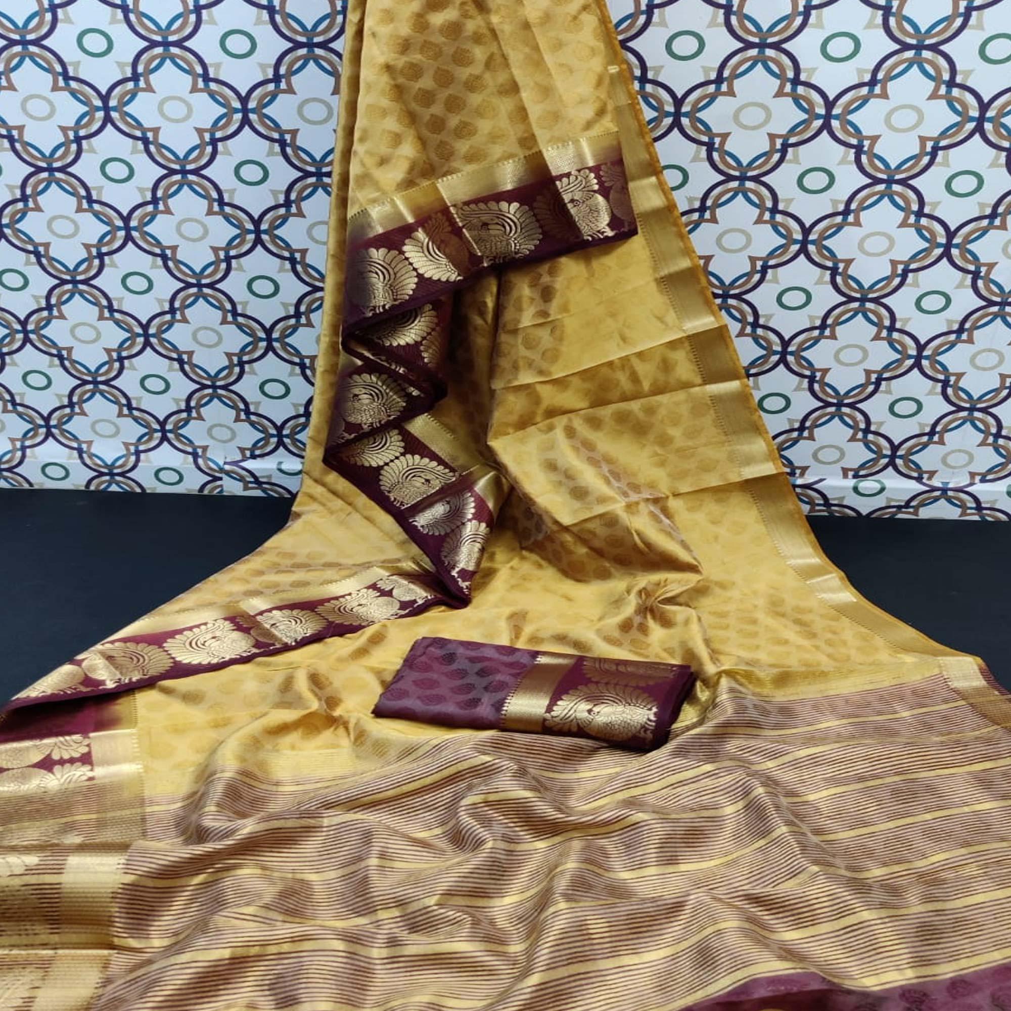 Demanding Beige Coloured Festive Wear Woven Art Silk Saree - Peachmode