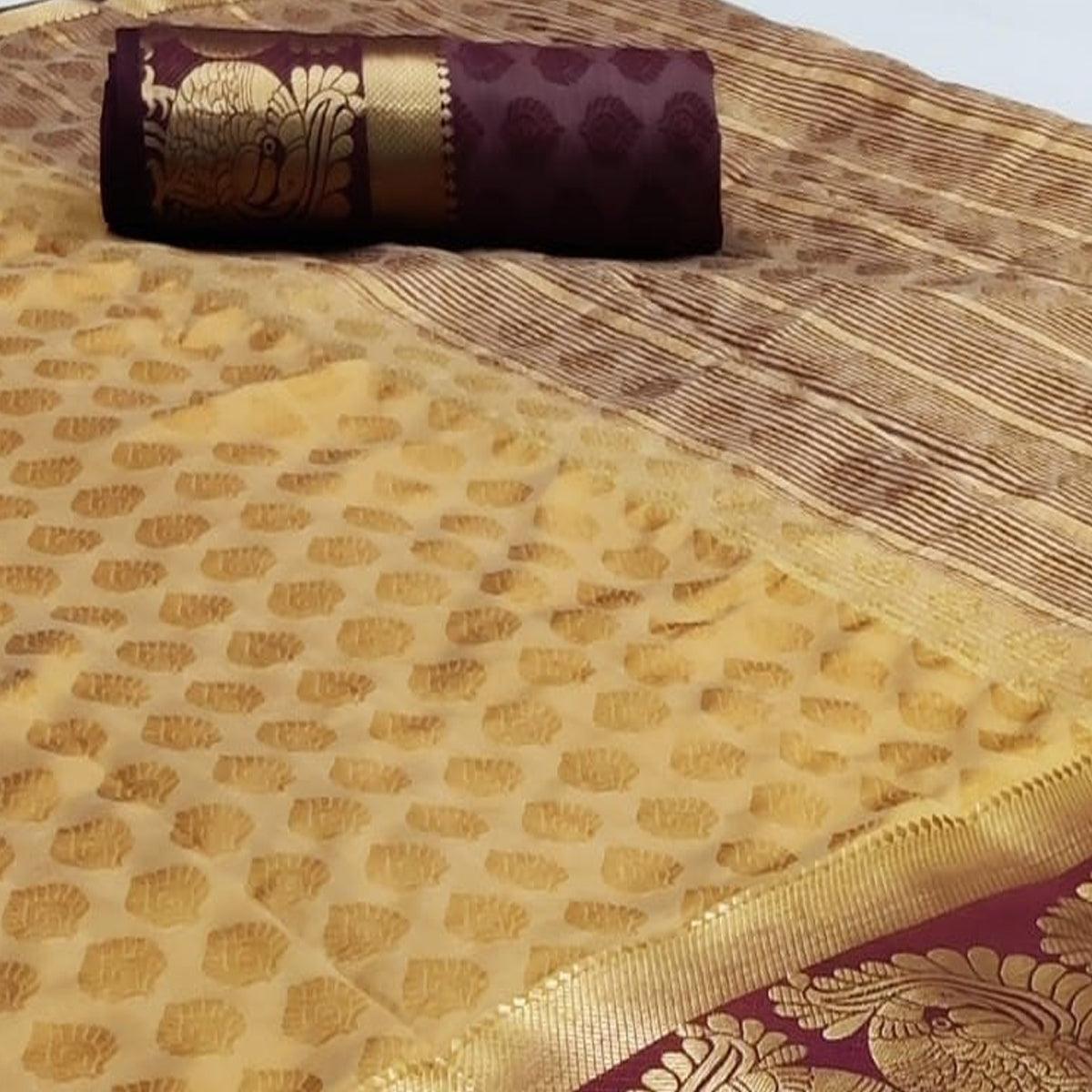 Demanding Beige Coloured Festive Wear Woven Art Silk Saree - Peachmode