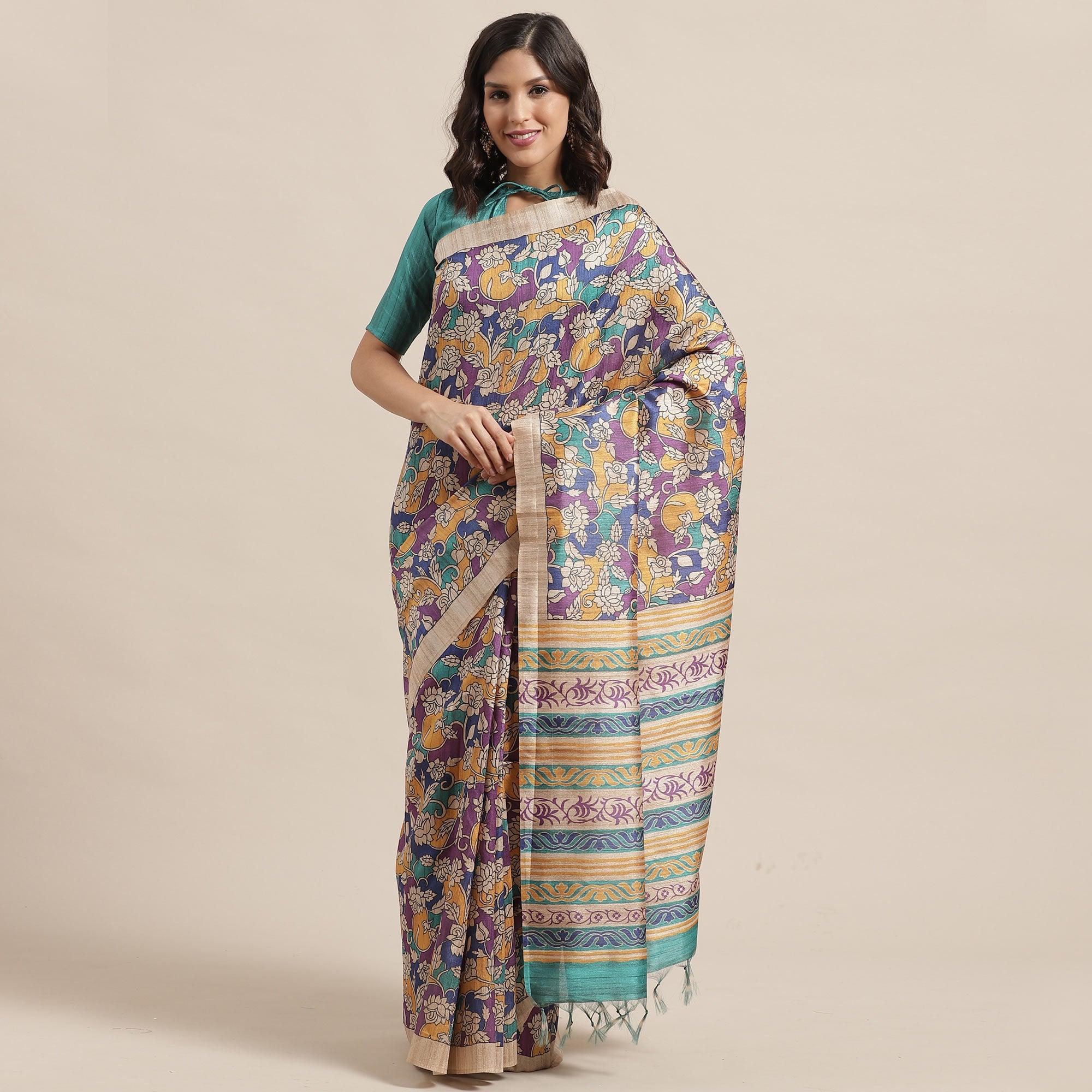 Demanding Beige-Multi Colored Casual Wear Floral Printed Silk Blend Saree With Tassels - Peachmode