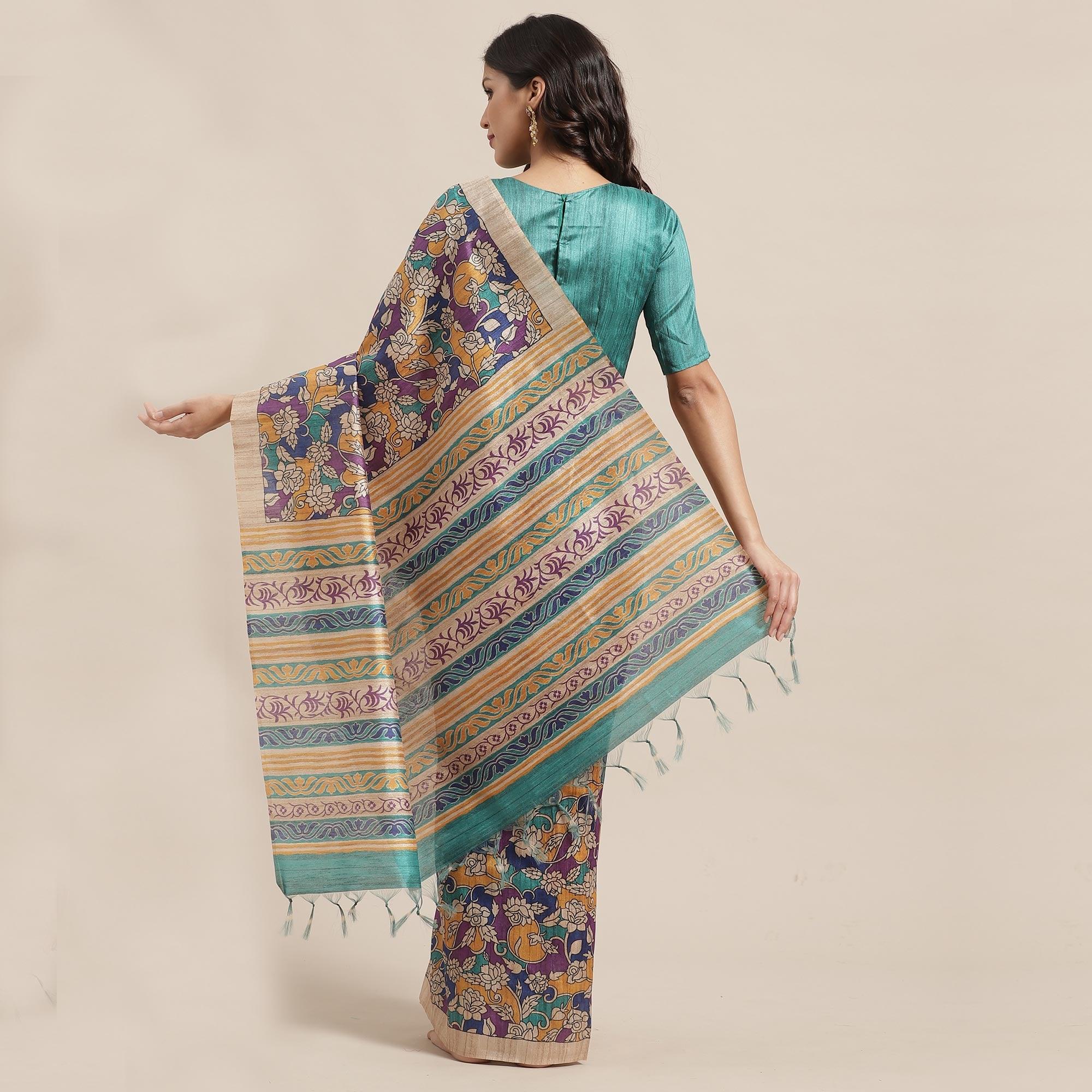 Demanding Beige-Multi Colored Casual Wear Floral Printed Silk Blend Saree With Tassels - Peachmode