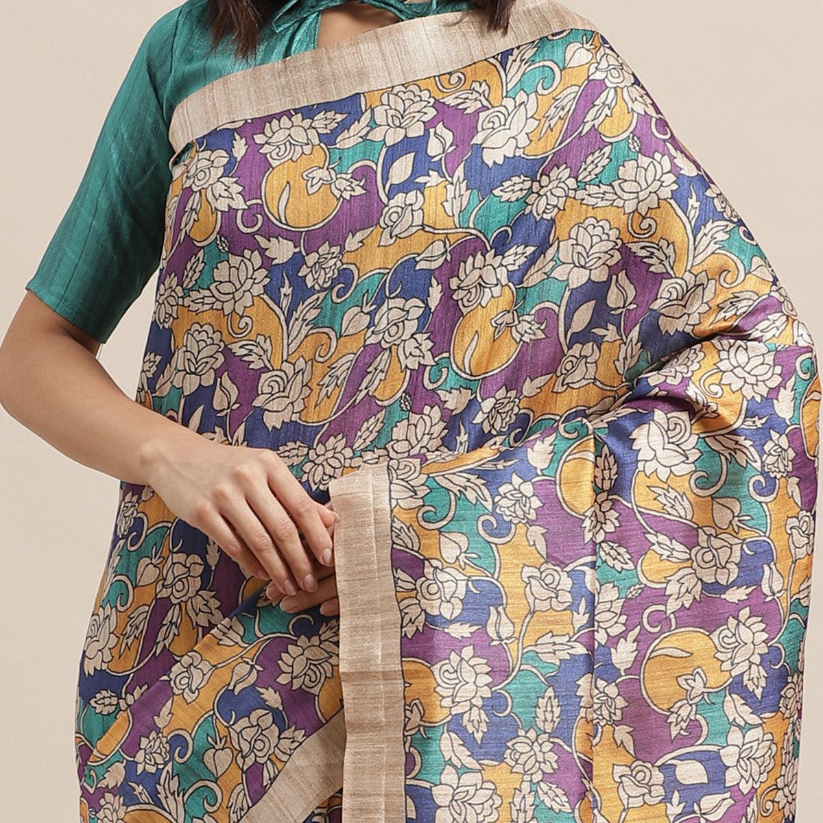 Demanding Beige-Multi Colored Casual Wear Floral Printed Silk Blend Saree With Tassels - Peachmode