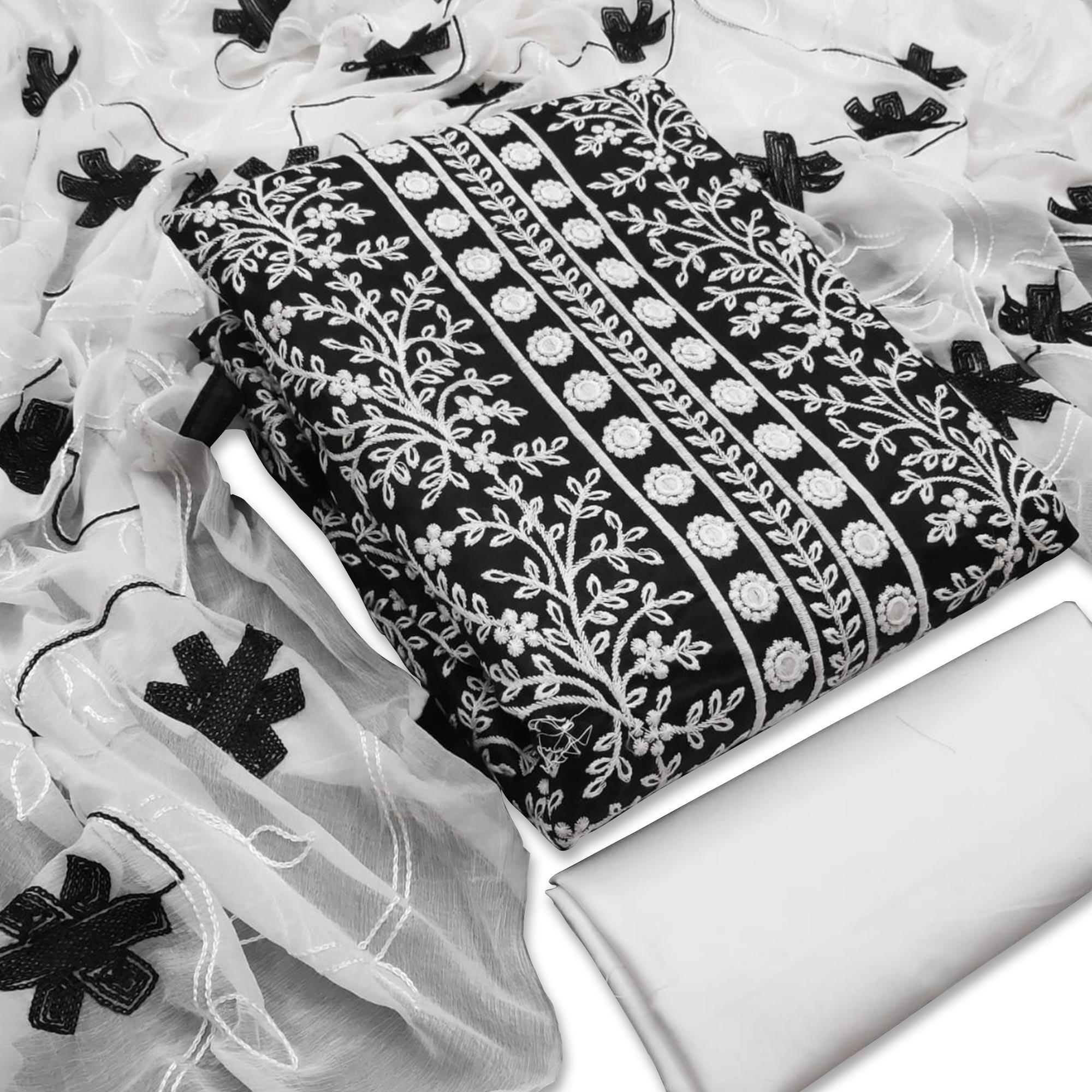 Demanding Black Colored Casual Wear Embroidered Cotton Dress Material - Peachmode