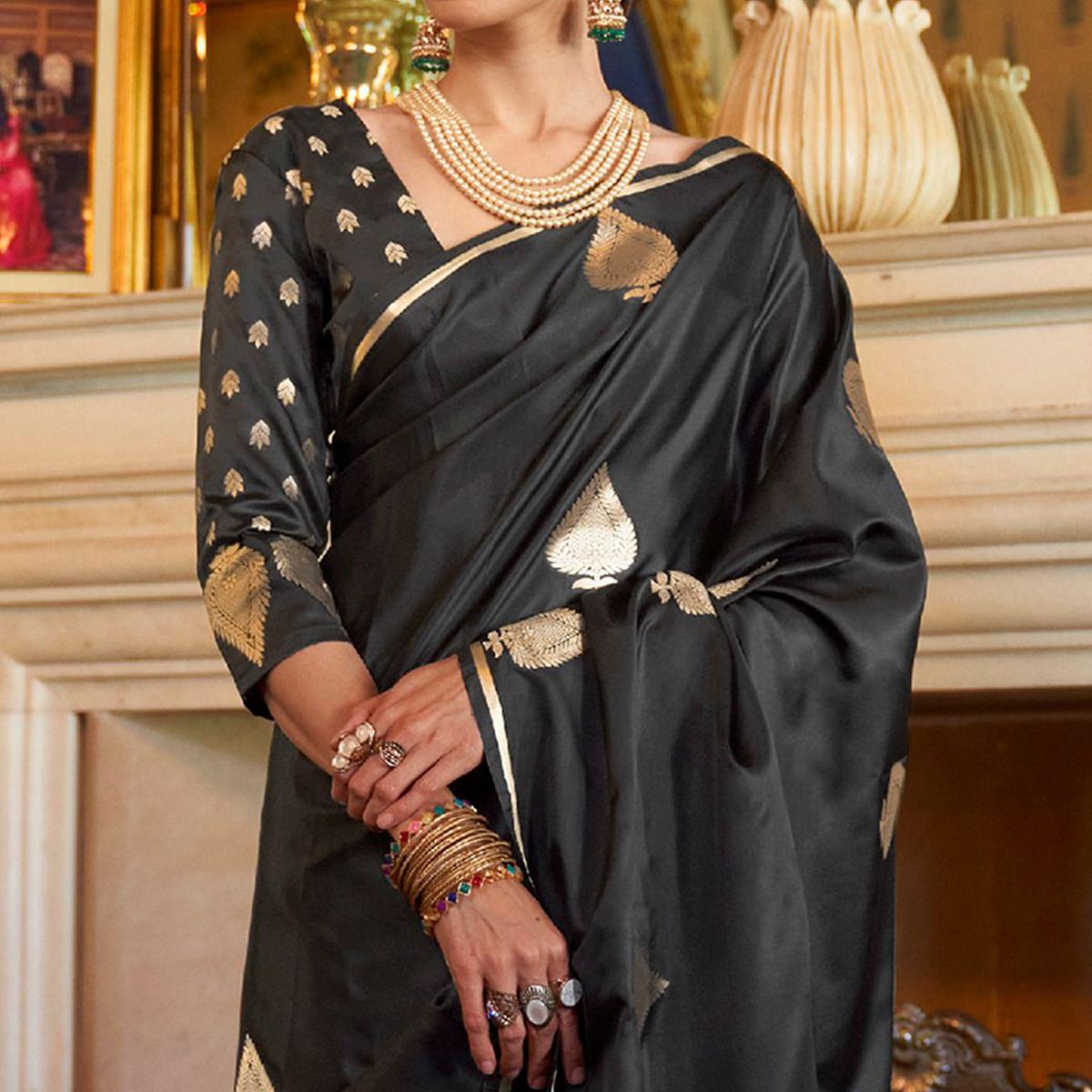 Demanding Black Colored Festive Wear Woven Pure Satin Silk Saree - Peachmode