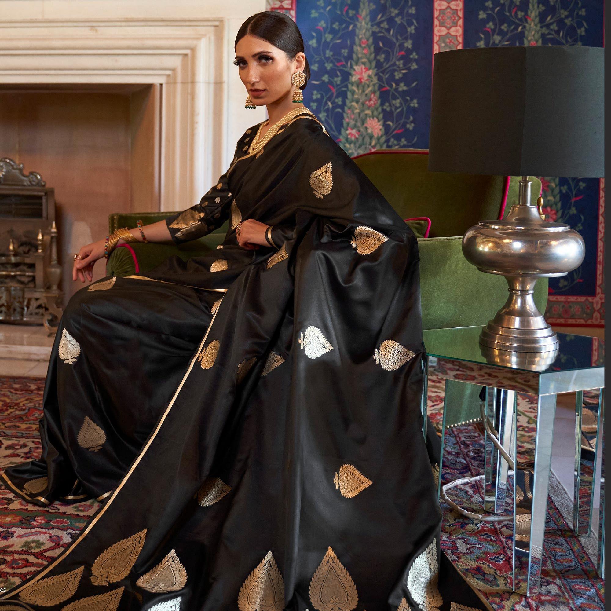 Demanding Black Colored Festive Wear Woven Pure Satin Silk Saree - Peachmode
