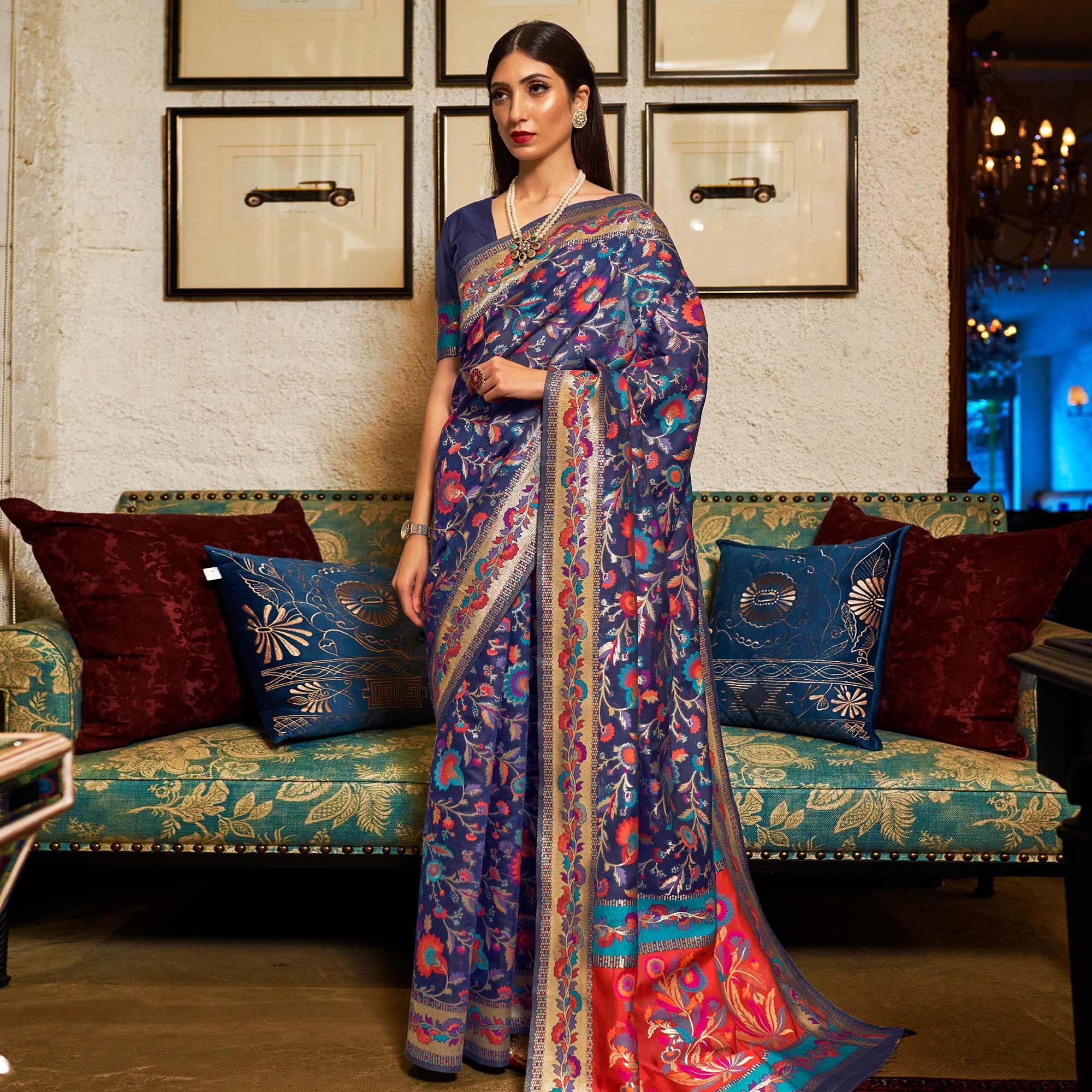 Demanding Blue Colored Festive Wear Woven Chanderi Saree - Peachmode