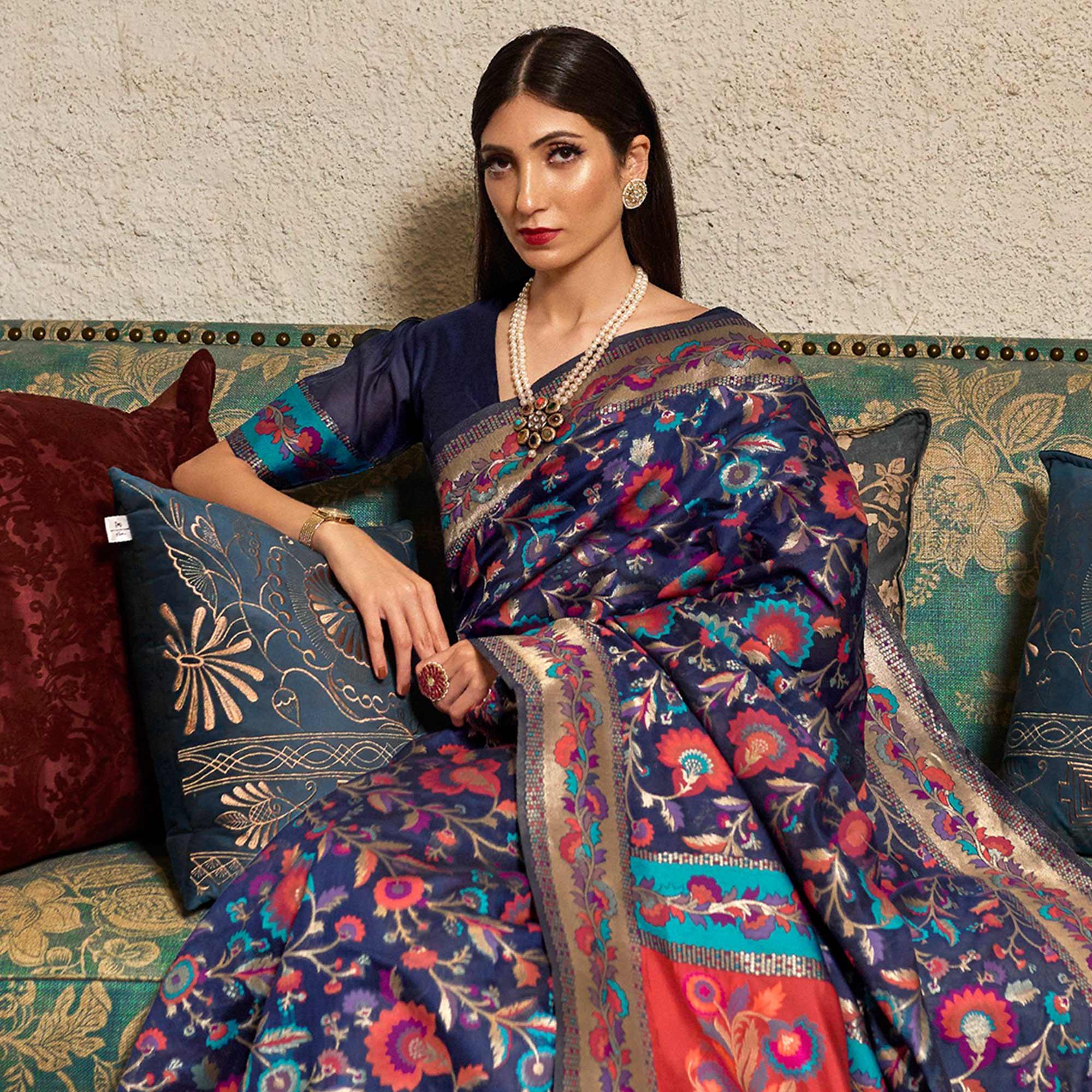 Demanding Blue Colored Festive Wear Woven Chanderi Saree - Peachmode