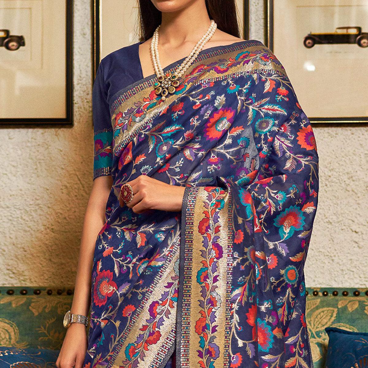 Demanding Blue Colored Festive Wear Woven Chanderi Saree - Peachmode