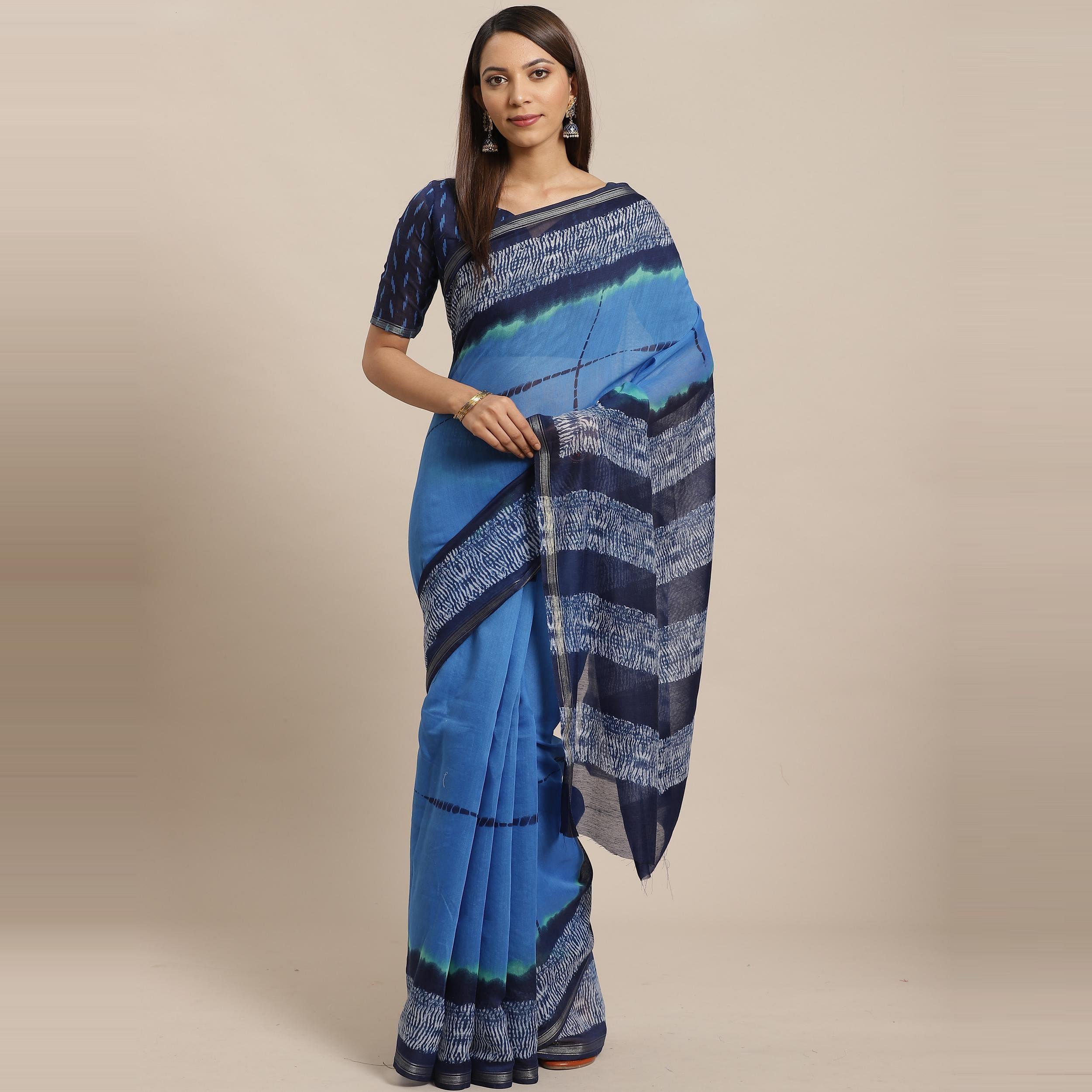 Demanding Blue - Navy Blue Colored Casual Wear Printed Silk Blend Saree - Peachmode