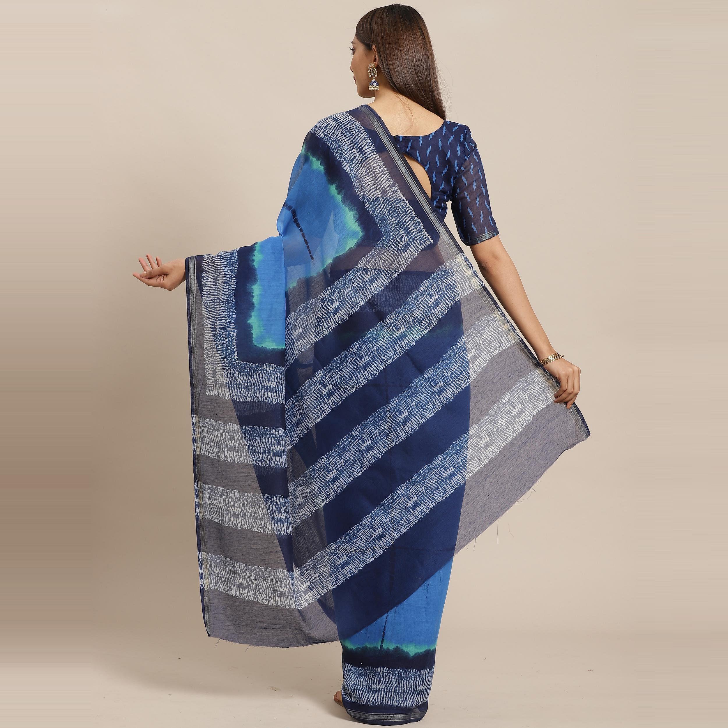 Demanding Blue - Navy Blue Colored Casual Wear Printed Silk Blend Saree - Peachmode