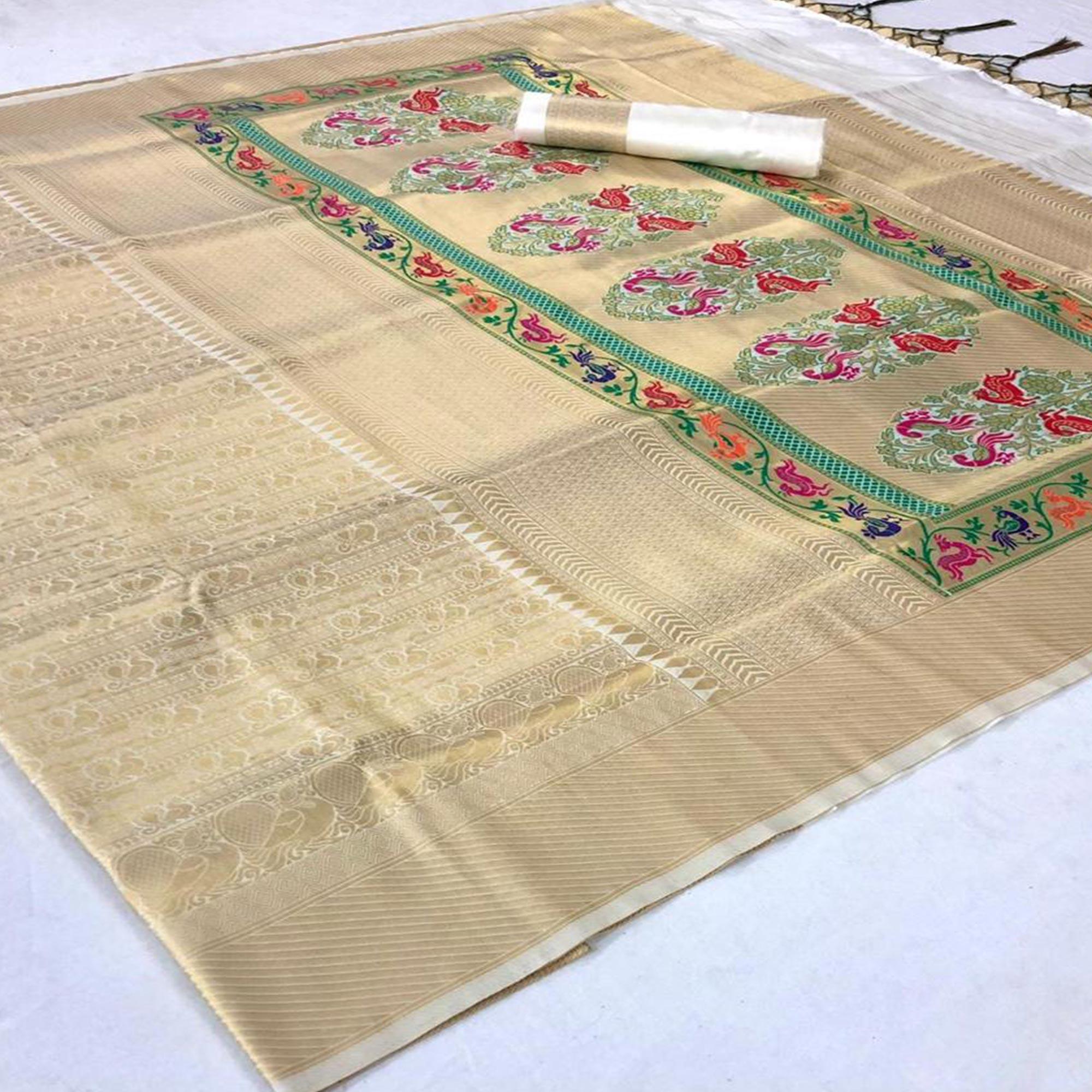 Demanding Cream Colored Festive Wear Woven Pure Soft Silk Saree - Peachmode